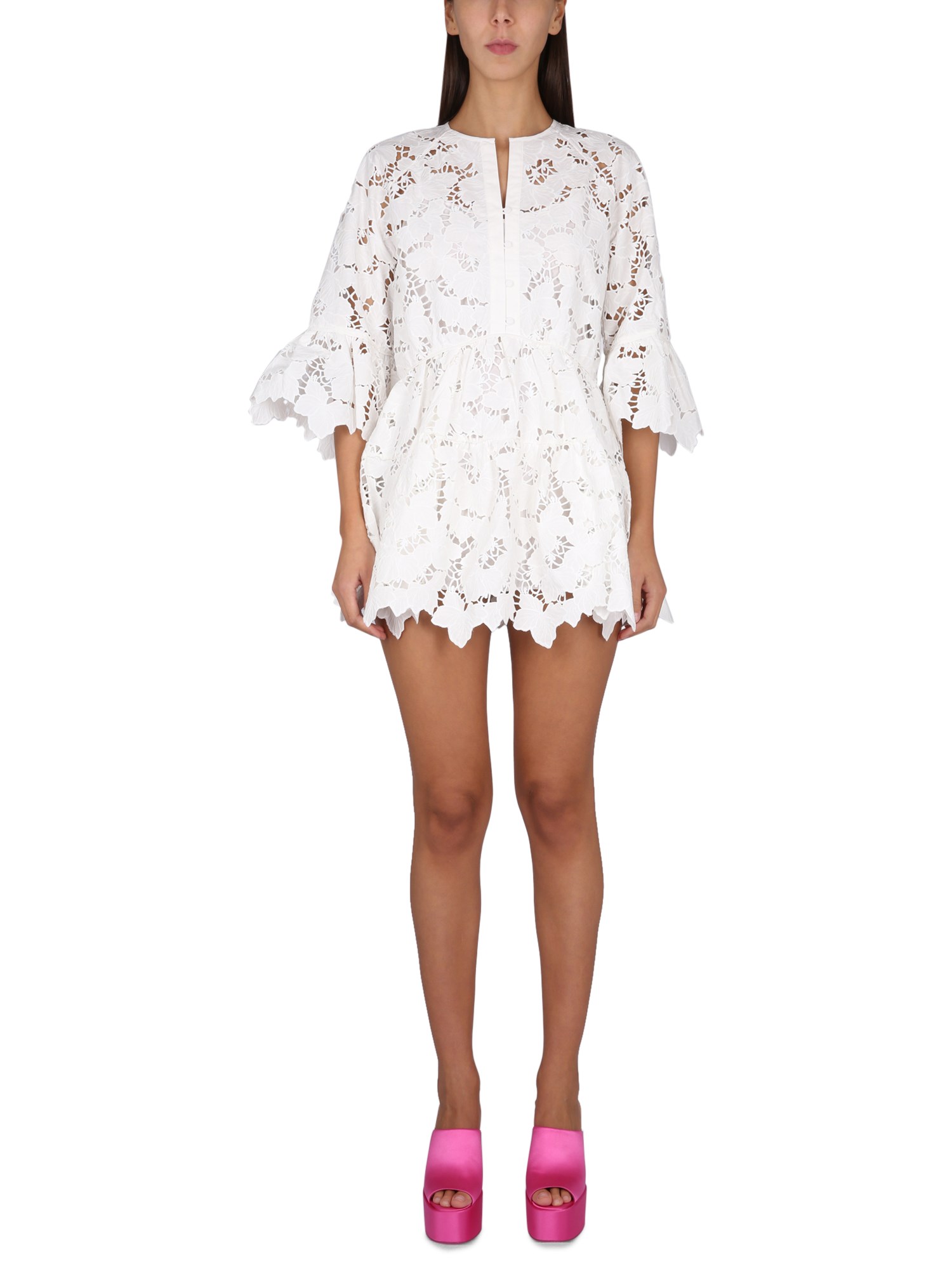 Self-portrait Cotton Lace Wide Sleeve Mini Dress In White