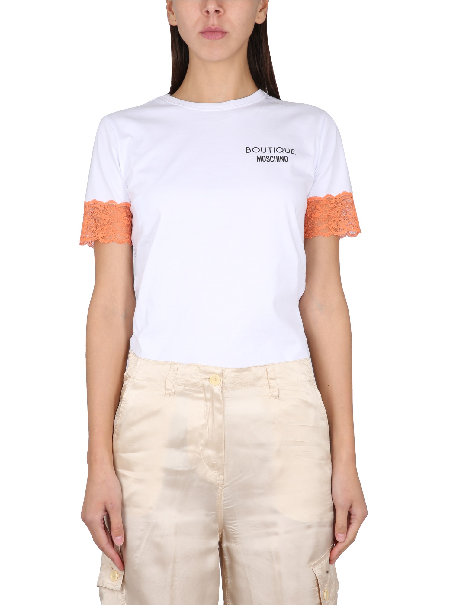 Boutique Moschino Lace-detail Cotton T-shirt In White