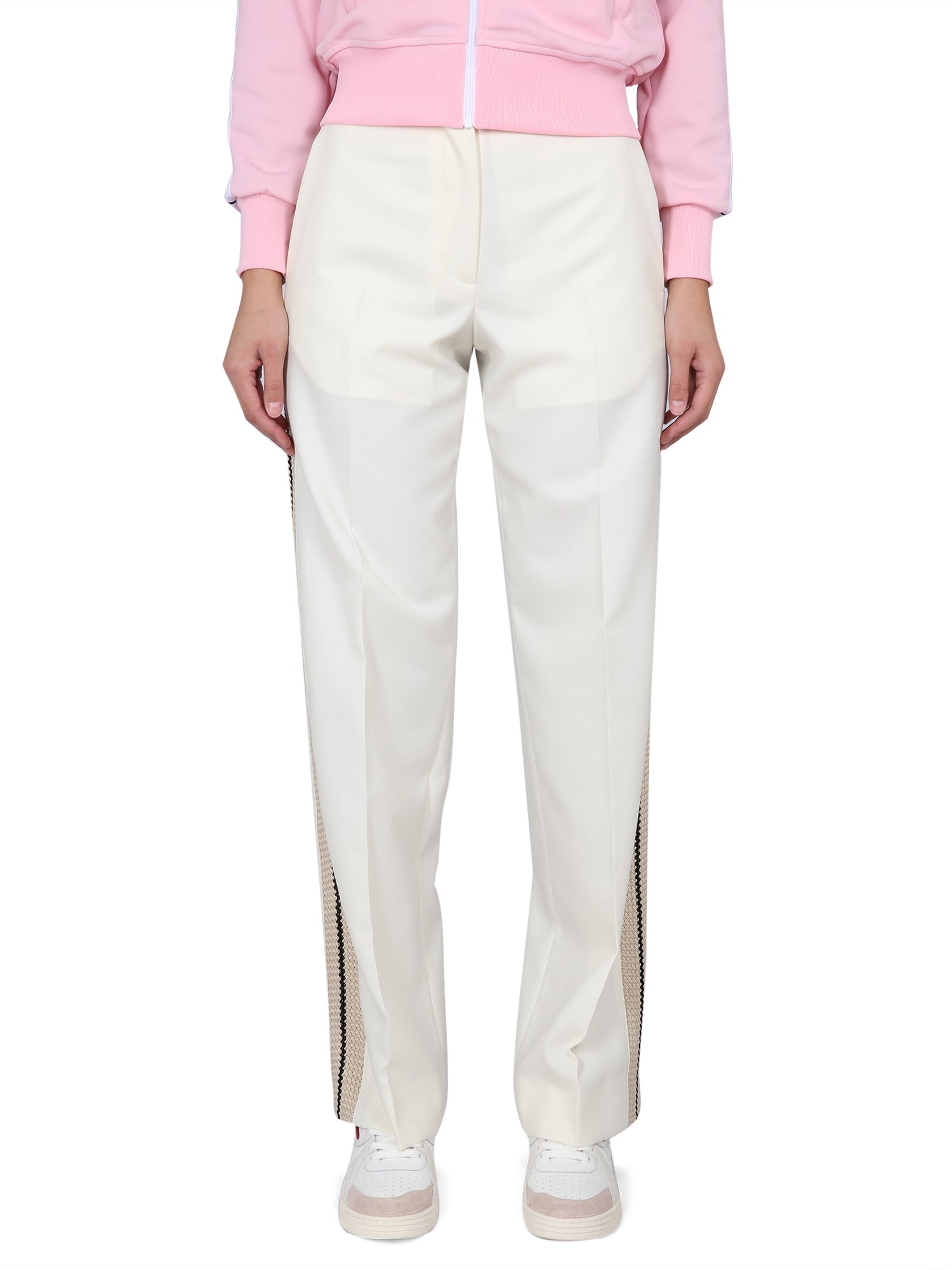 Palm Angels Wide Leg Wool Trousers With Side Stripe In White
