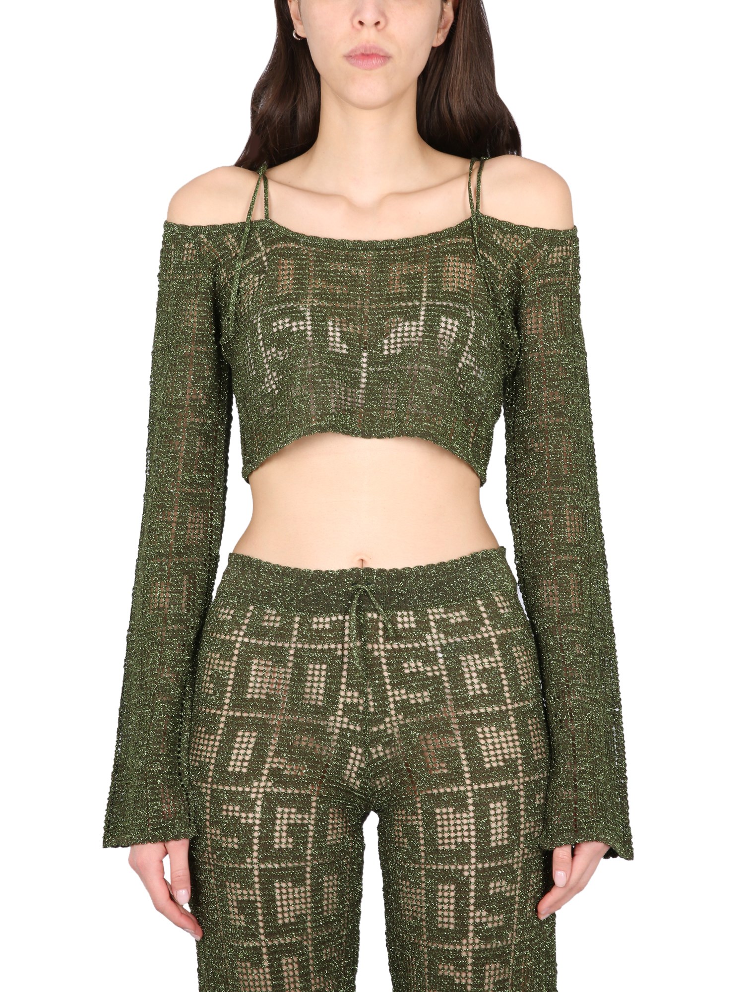Gcds Cropped Geometric Knit Top With Long Sleeves In Military Green