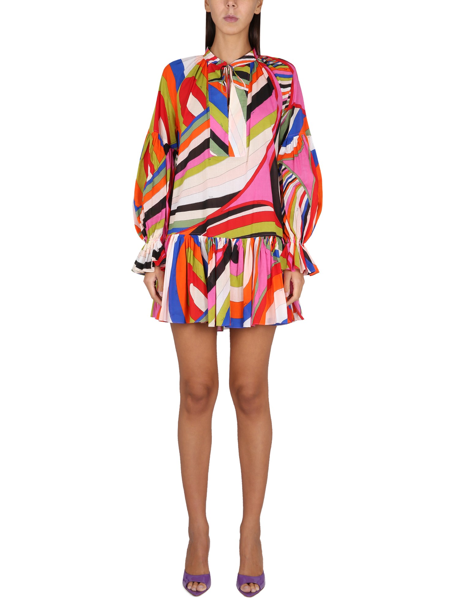 Pucci Muslin Iride Print Mini Dress W/ Frills In Multicolour