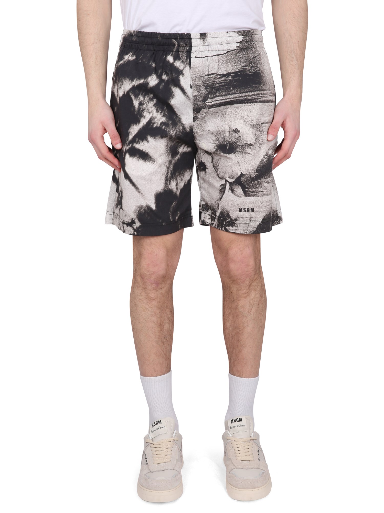 Msgm Bermuda Shorts With Abstract Print And Elastic Waistband In Multicolour