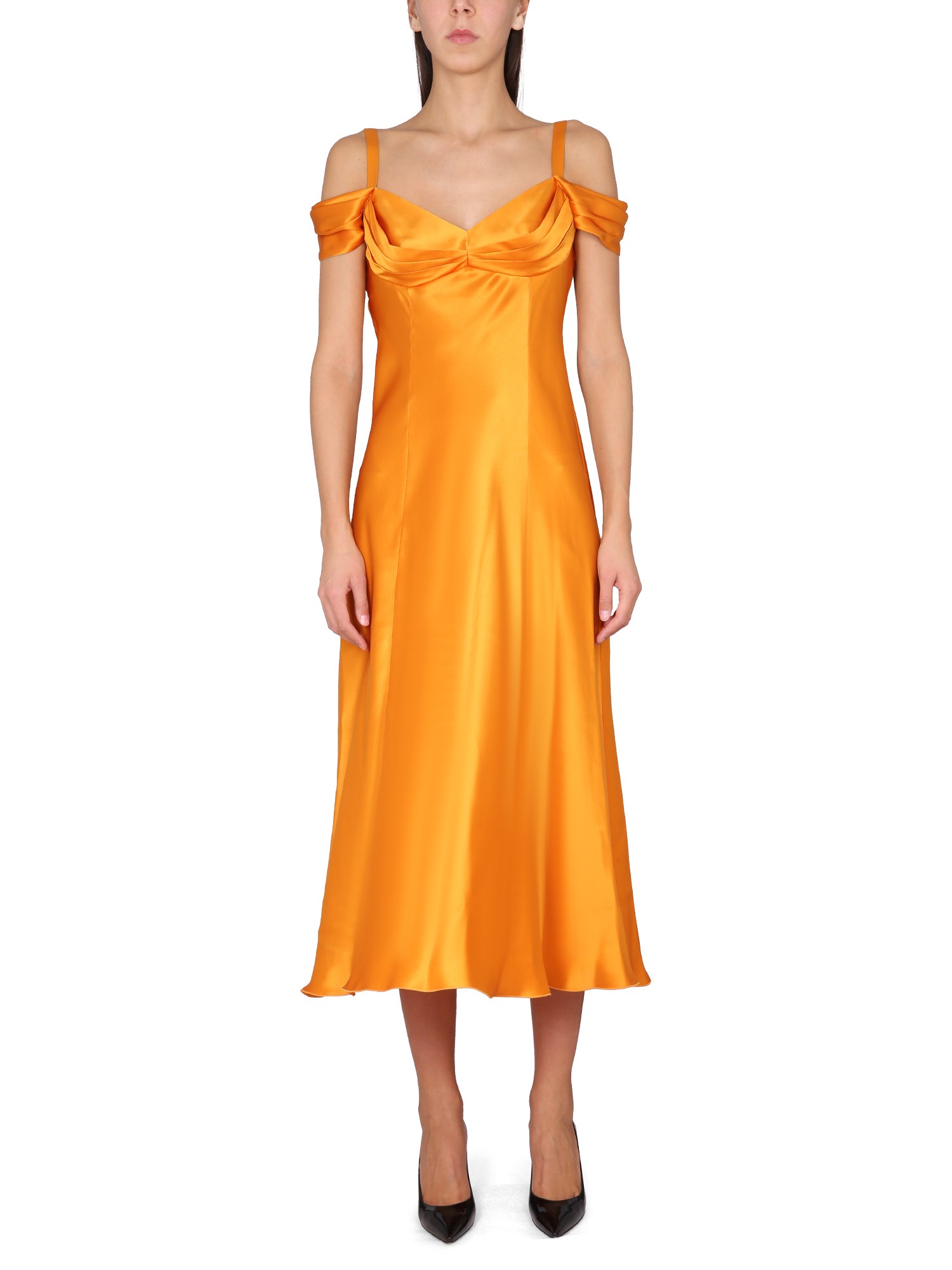 Alberta Ferretti Satin Off-the-shoulder Gown In Orange