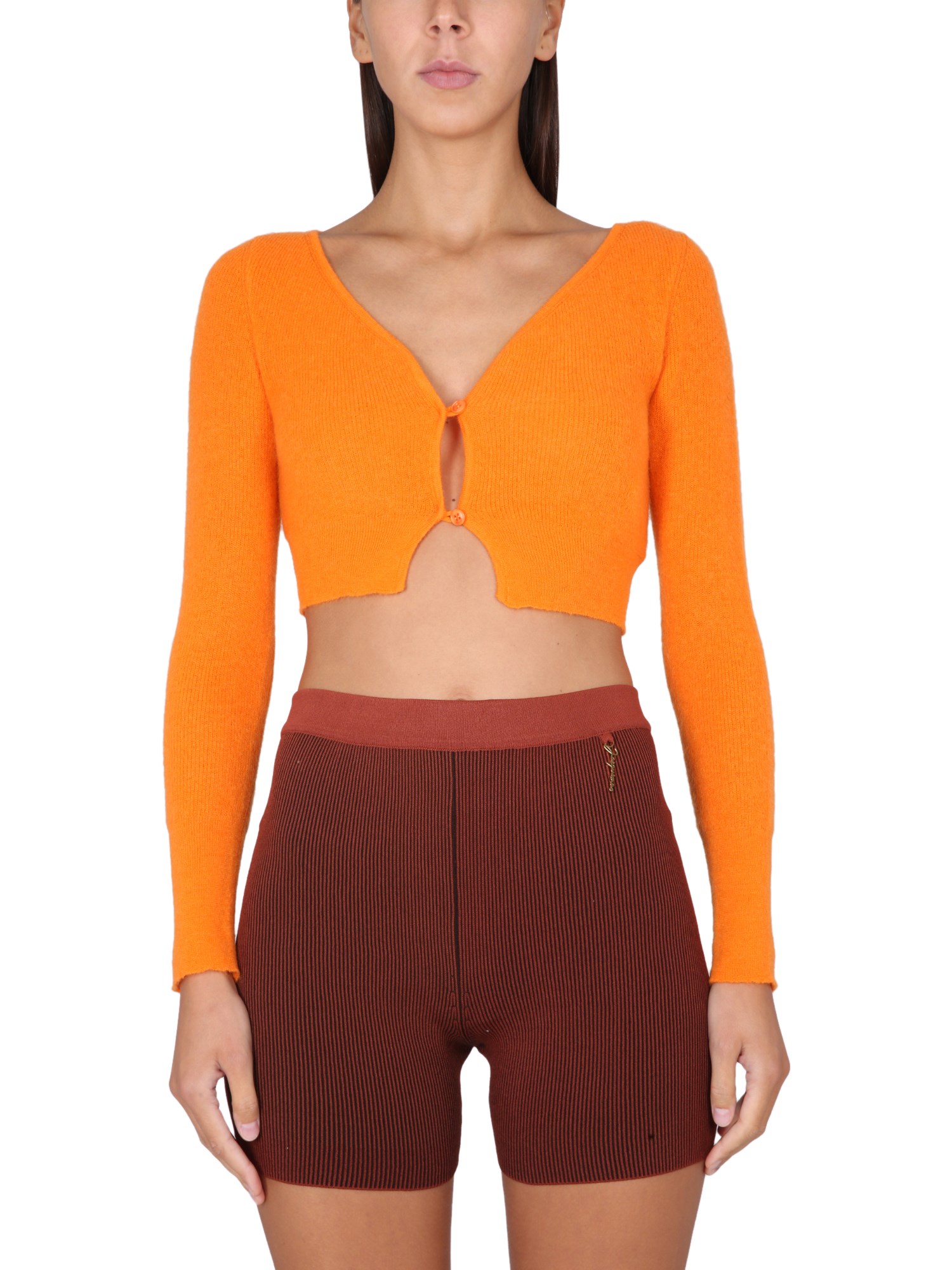 Jacquemus V-neck Cropped Knitwear Button Detail In Orange