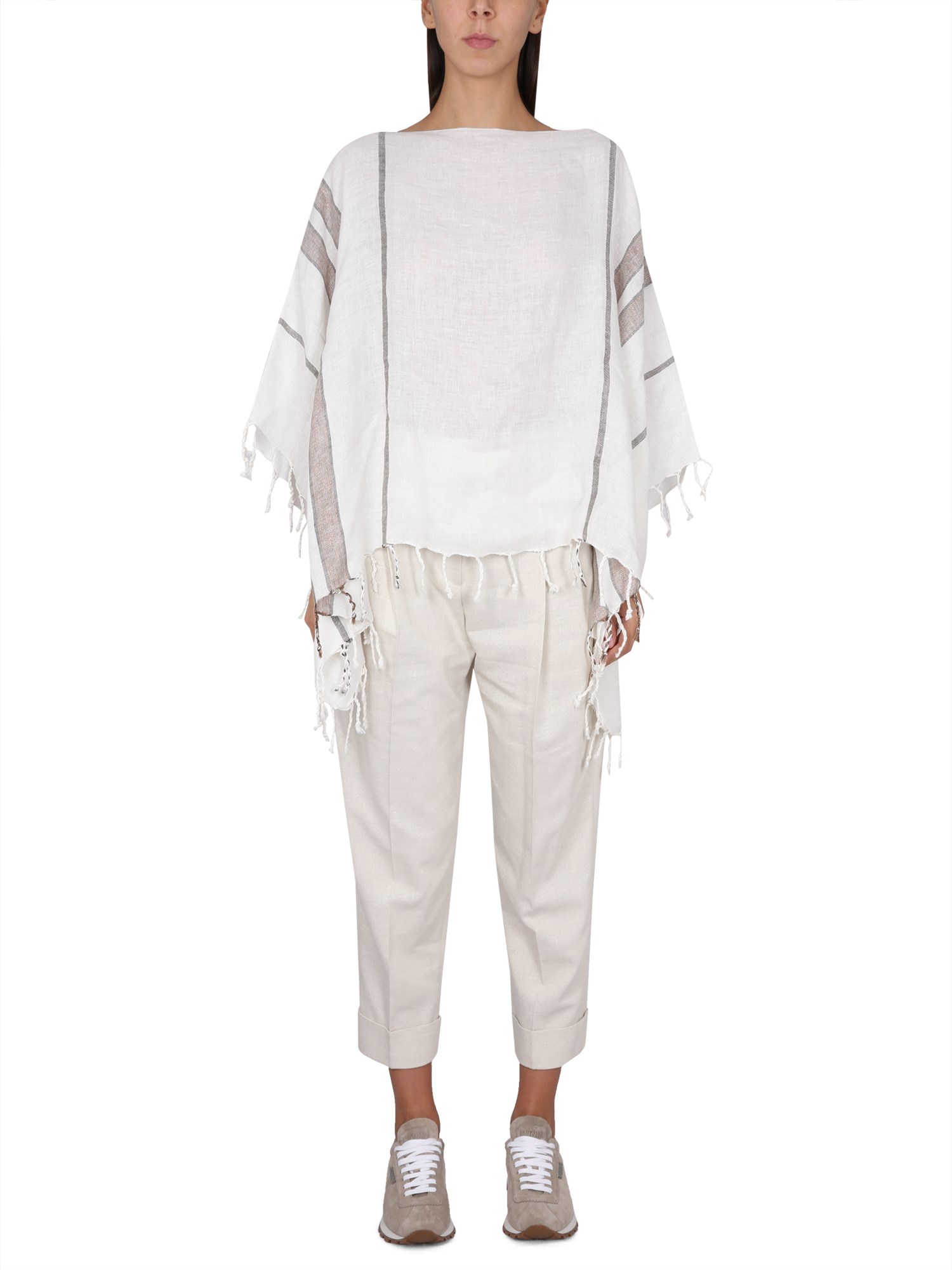 Brunello Cucinelli Striped Fringed Metallic Linen-blend Poncho In White