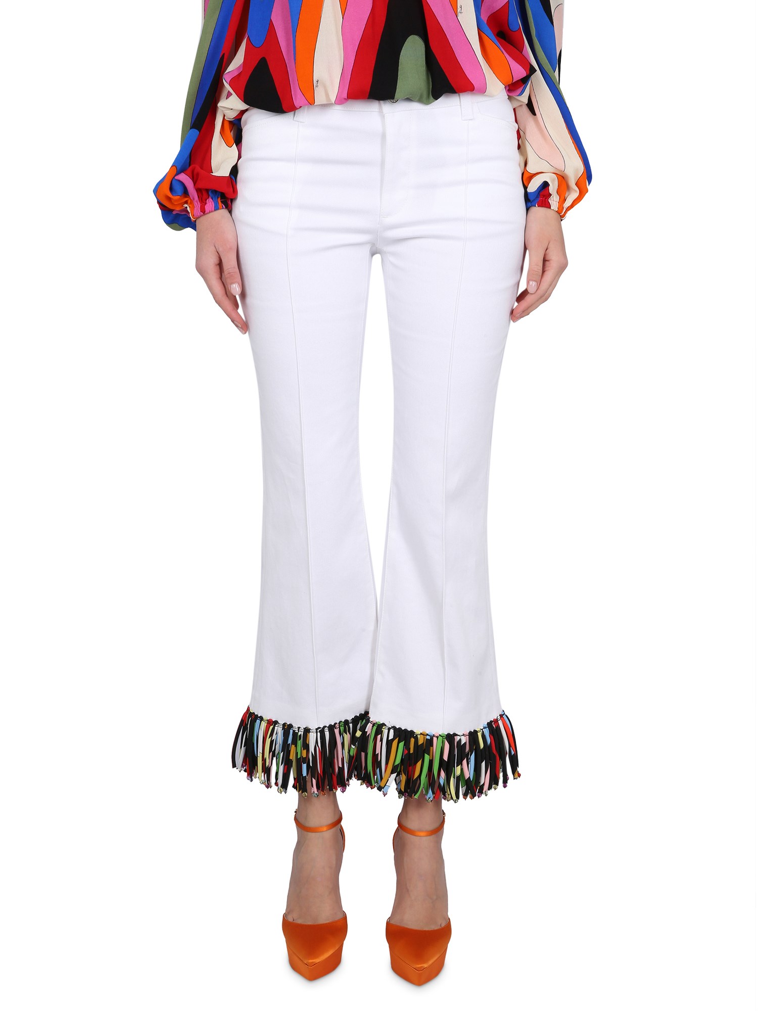 Pucci Abstrac-print Fringed Flared Trousers In White