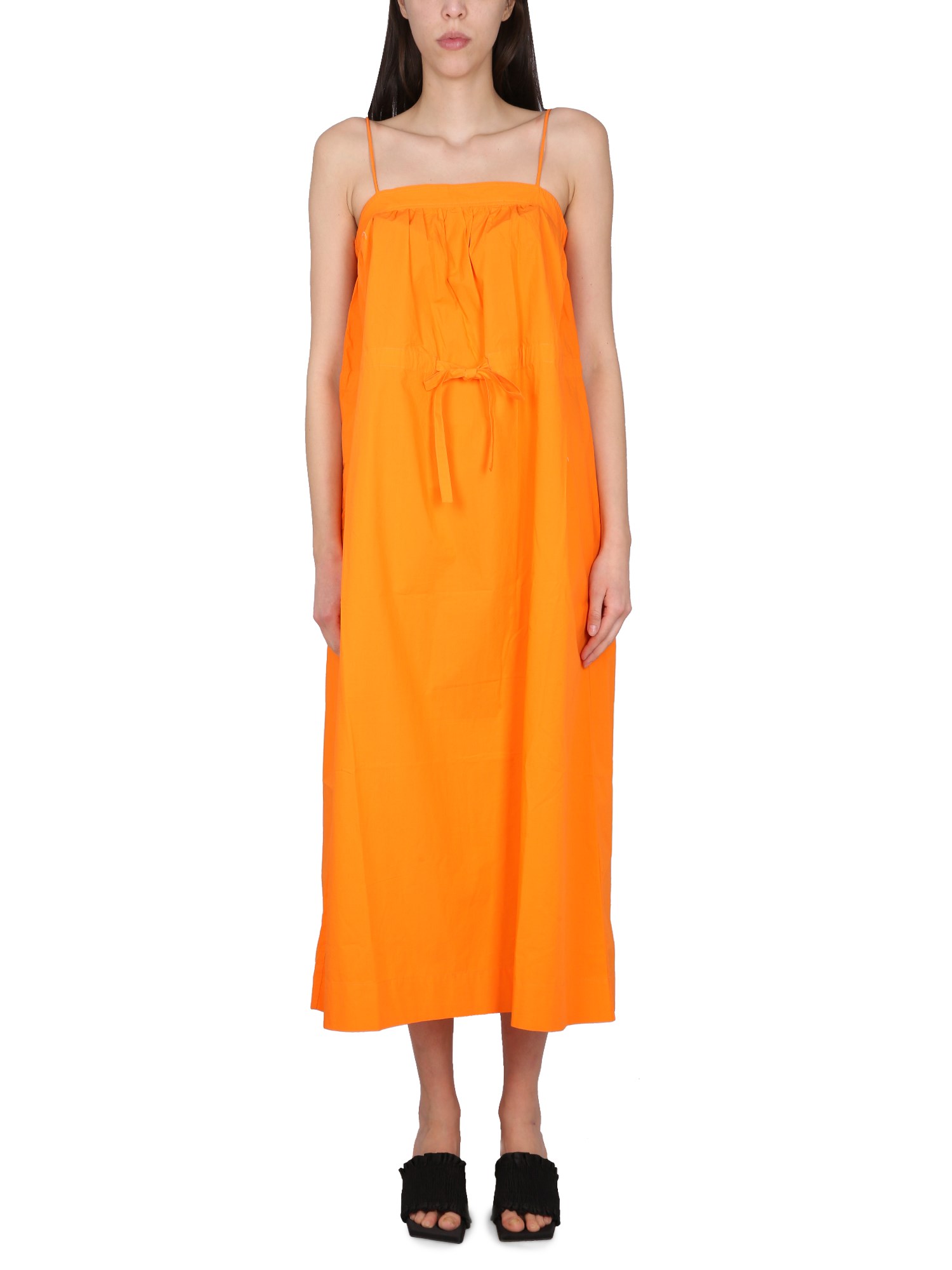 Ganni Tie-front Cotton Dress In Orange