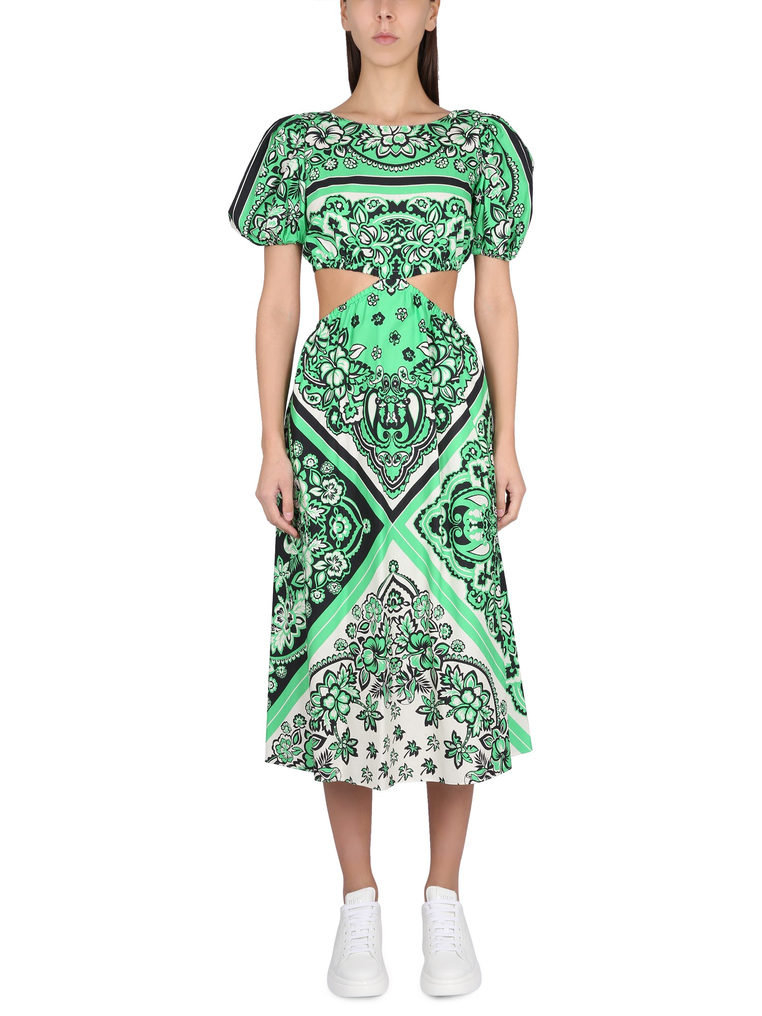 Red Valentino Cut Out Detail Puff Sleeve Mini Dress In Green