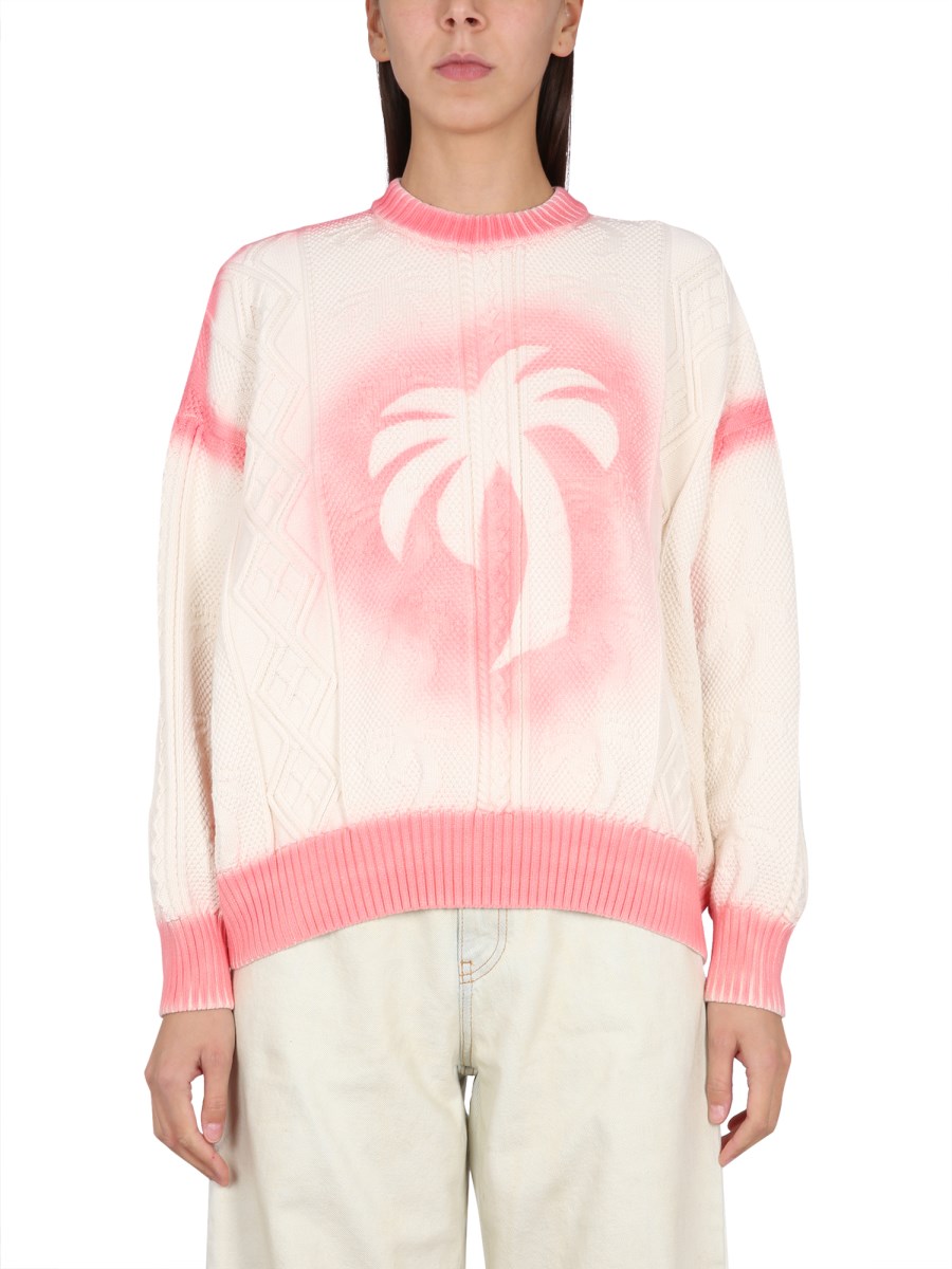 PALM ANGELS MAGLIONE PALM EFFETTO VERNICE IN COTONE