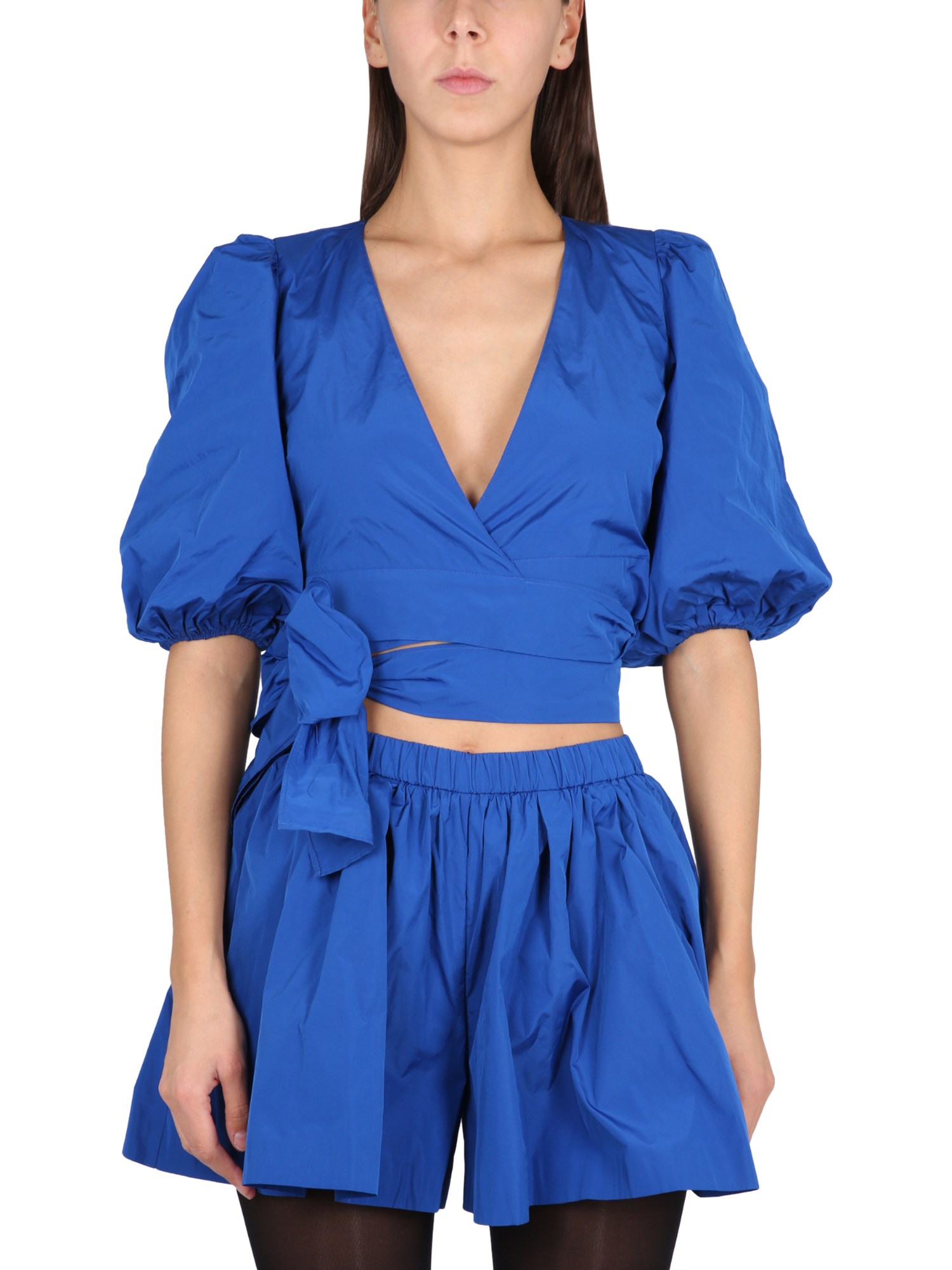 Red Valentino Taffeta Top With Puff Sleeves And Bow Detail In Blue