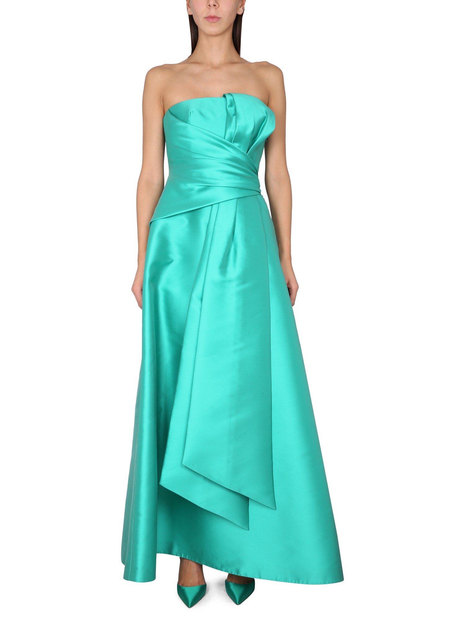 Alberta Ferretti Strapless Satin Draped Floor-length Dress In Green