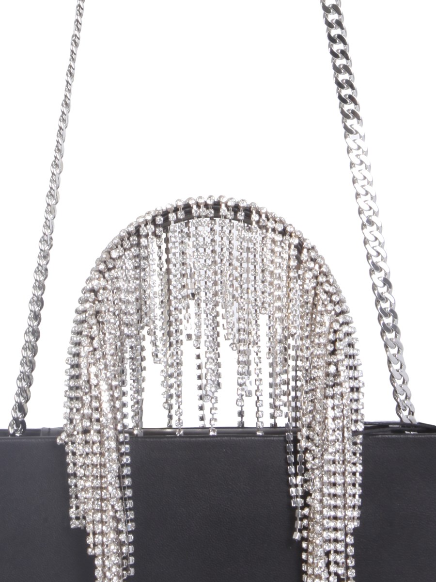 Midi Crystal Fringe Tote in Black Leather