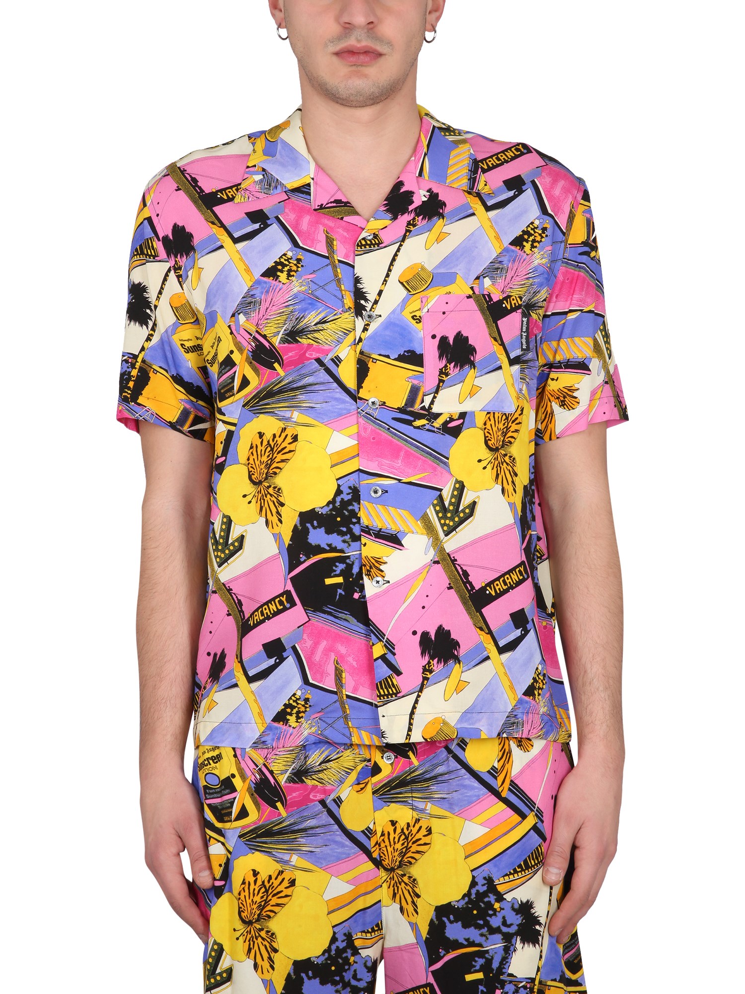 Shop Palm Angels Bowling Style Shirt With Miami Mix Print In Multicolour