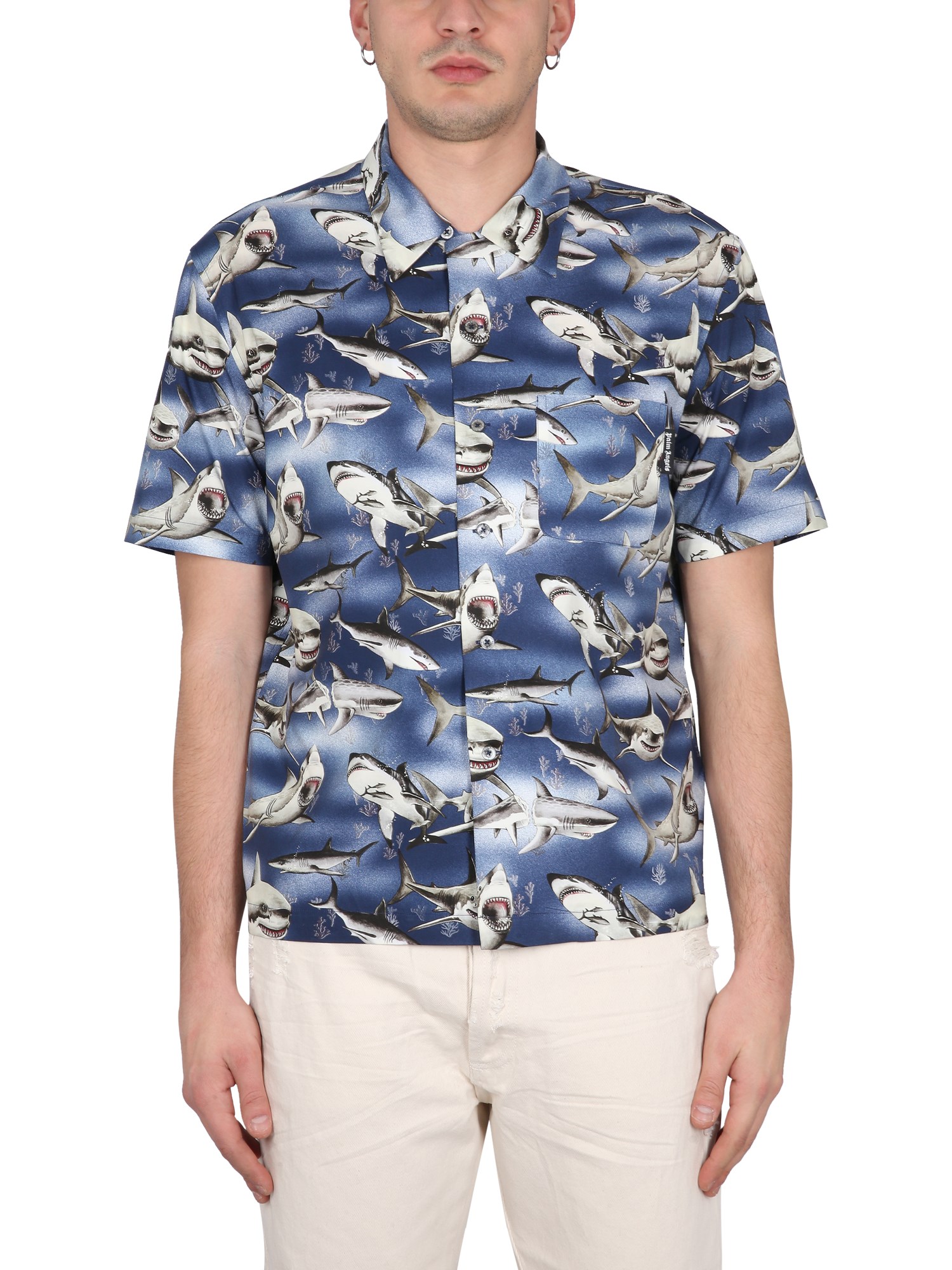 Shop Palm Angels Sharks Bowling Shirt In Blue