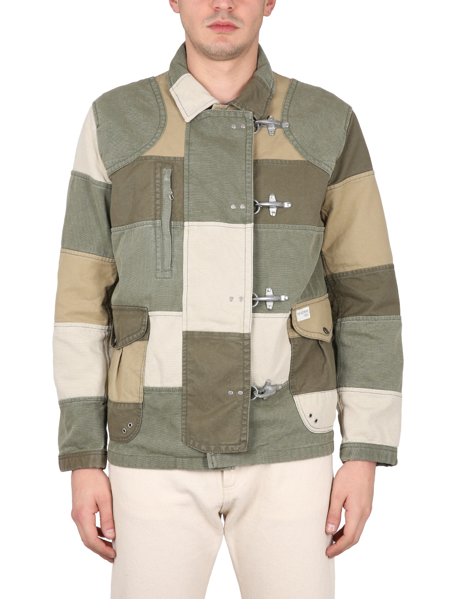 Fay Khaki Green Patchwork Jacket With Buckles In Cotton Man In Multicolour