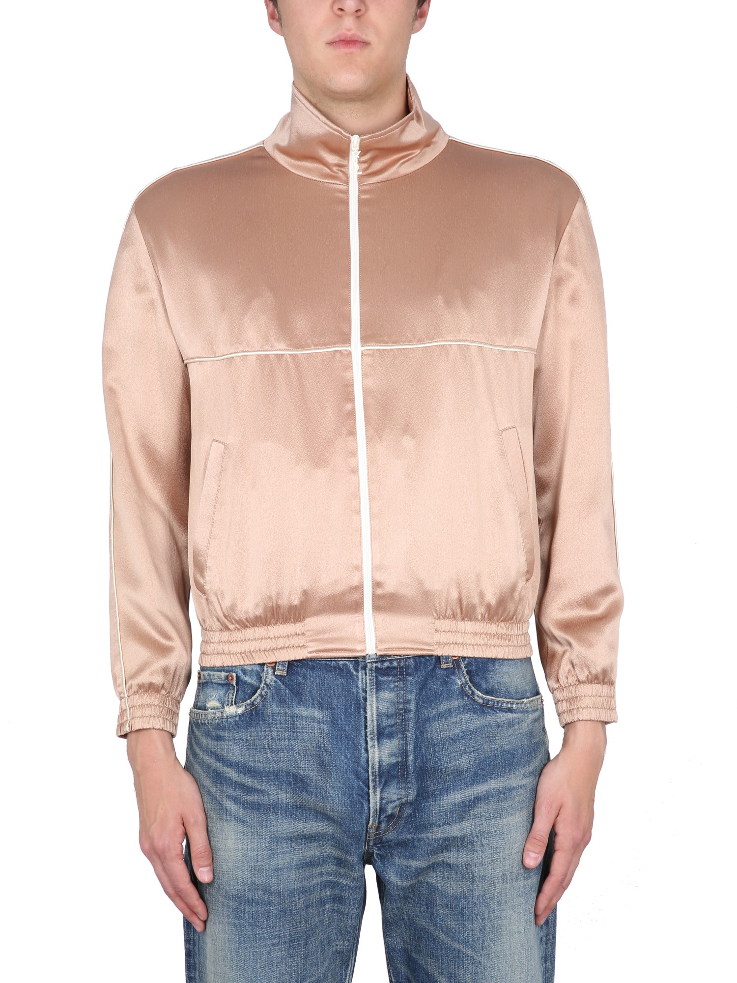Saint Laurent Organic Silk Satin Jacket Pockets In Beige