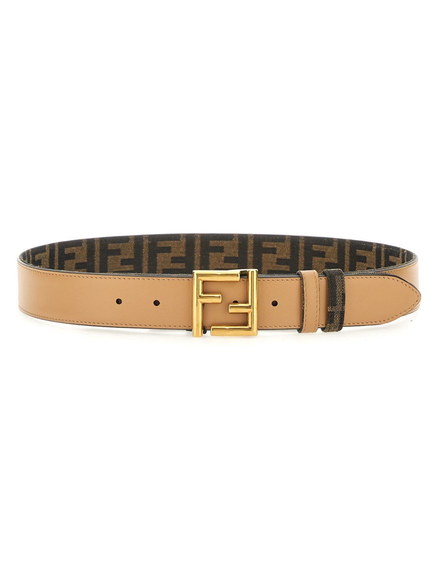 Fendi FF Buckle Reversible Belt In FF Motif Fabric and Leather Brown