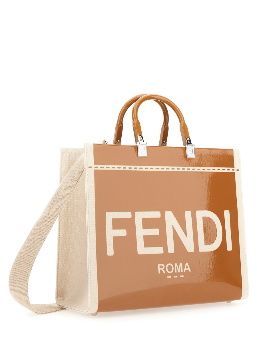 Fendi Sunshine Medium - Canvas and brown patent leather shopper bag