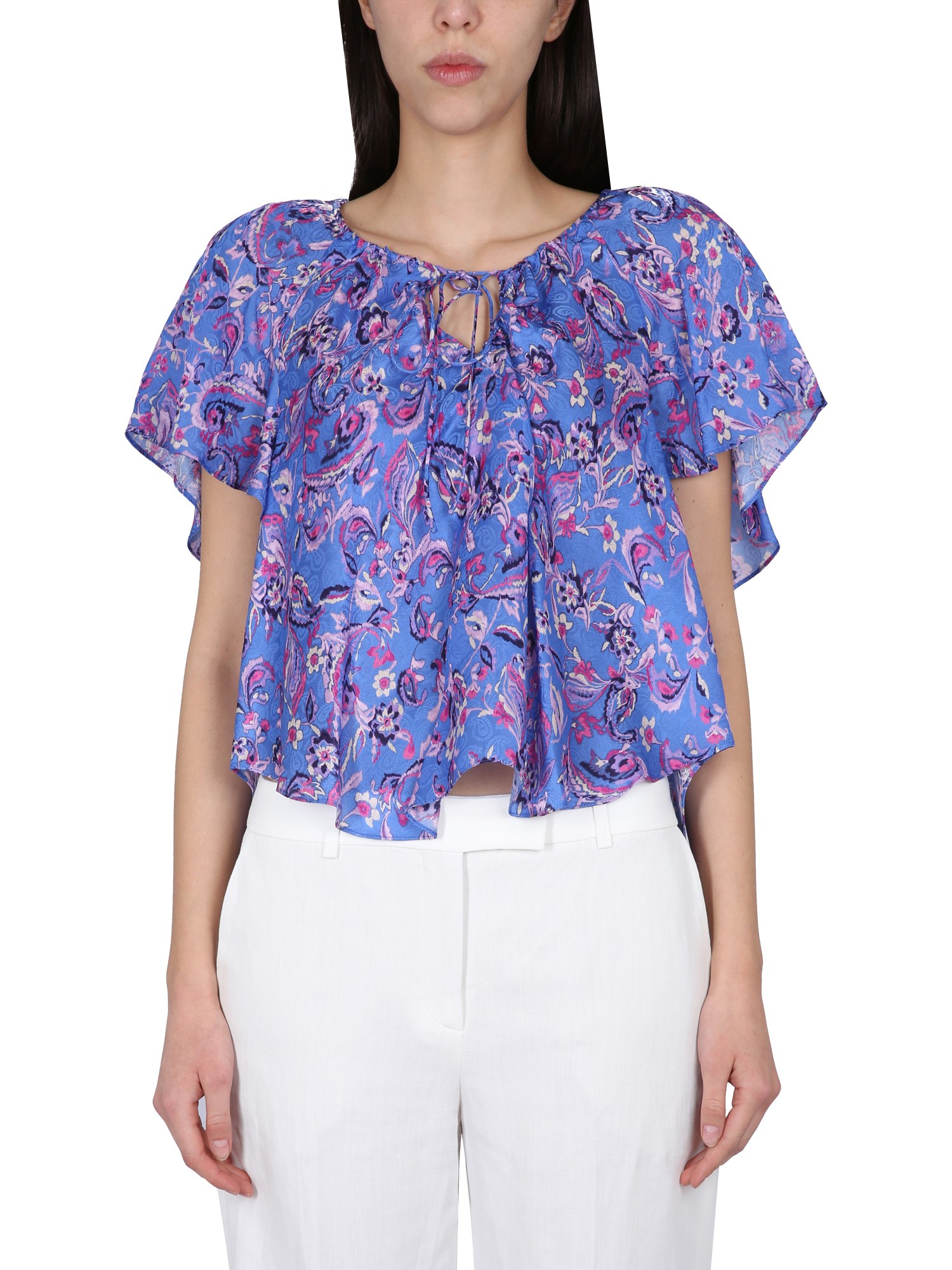 Isabel Marant Floral Keyhole Ruffled Sleeve Top In Blue