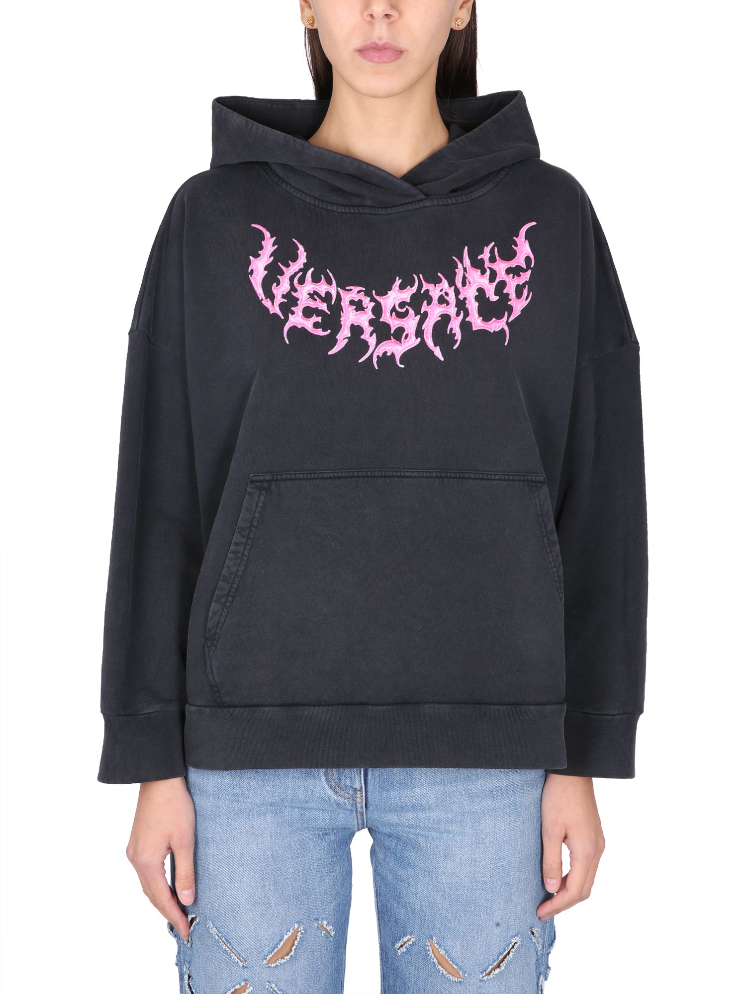 Shop Versace Hooded Sweatshirt With Logo In Black