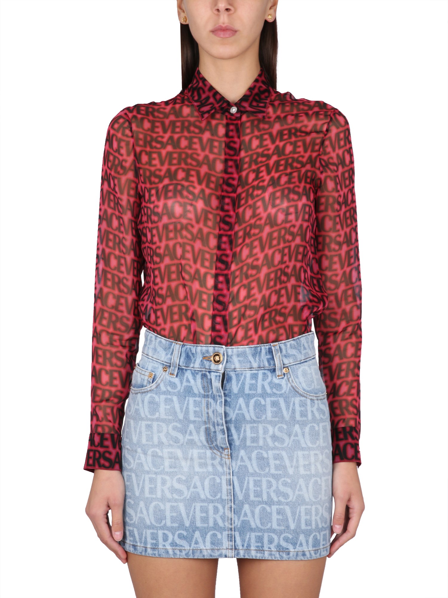 Versace Logo-print Semi-sheer Silk Shirt In Fuchsia