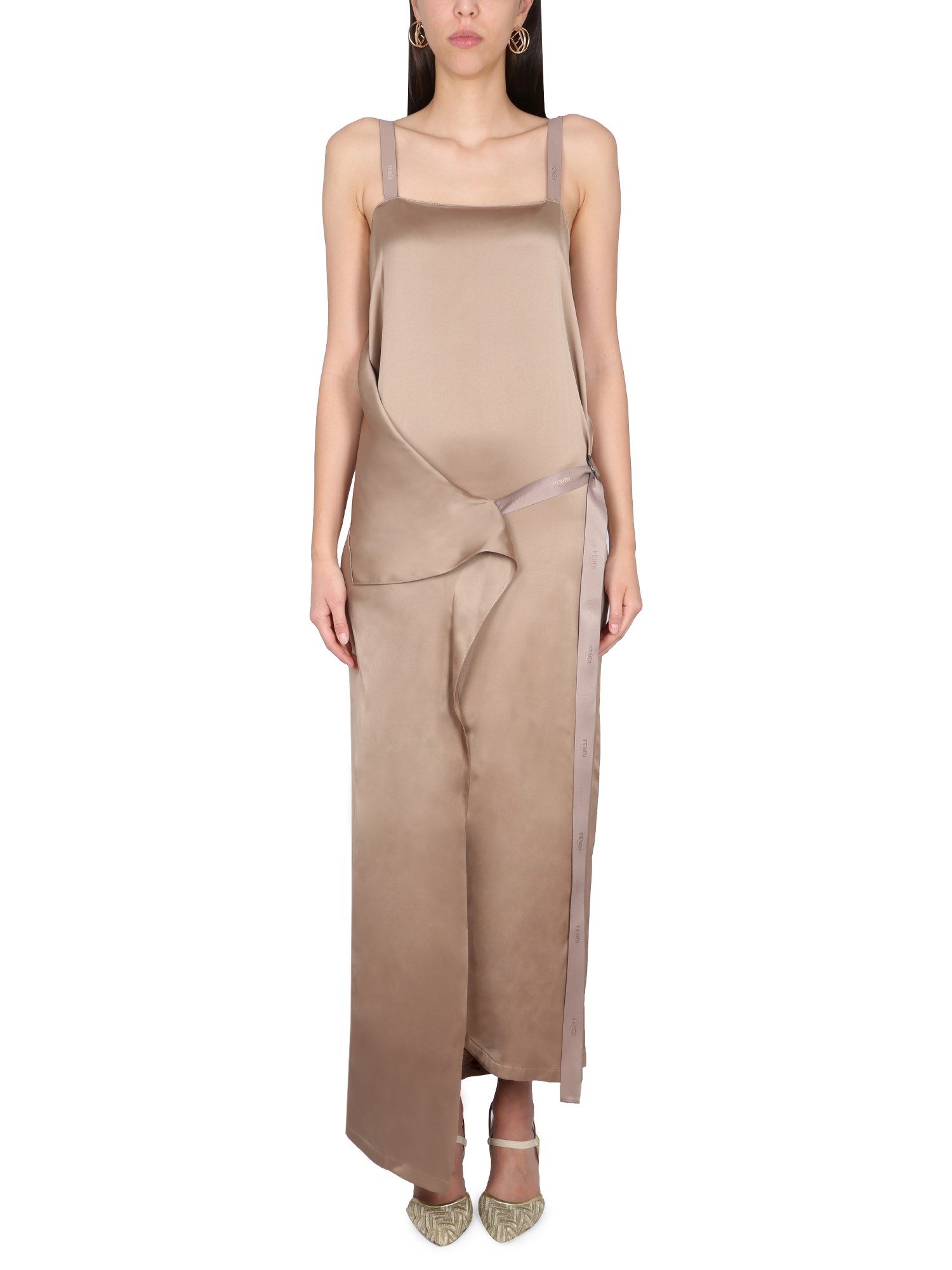 Fendi Square Neck Satin Maxi Dress In Beige