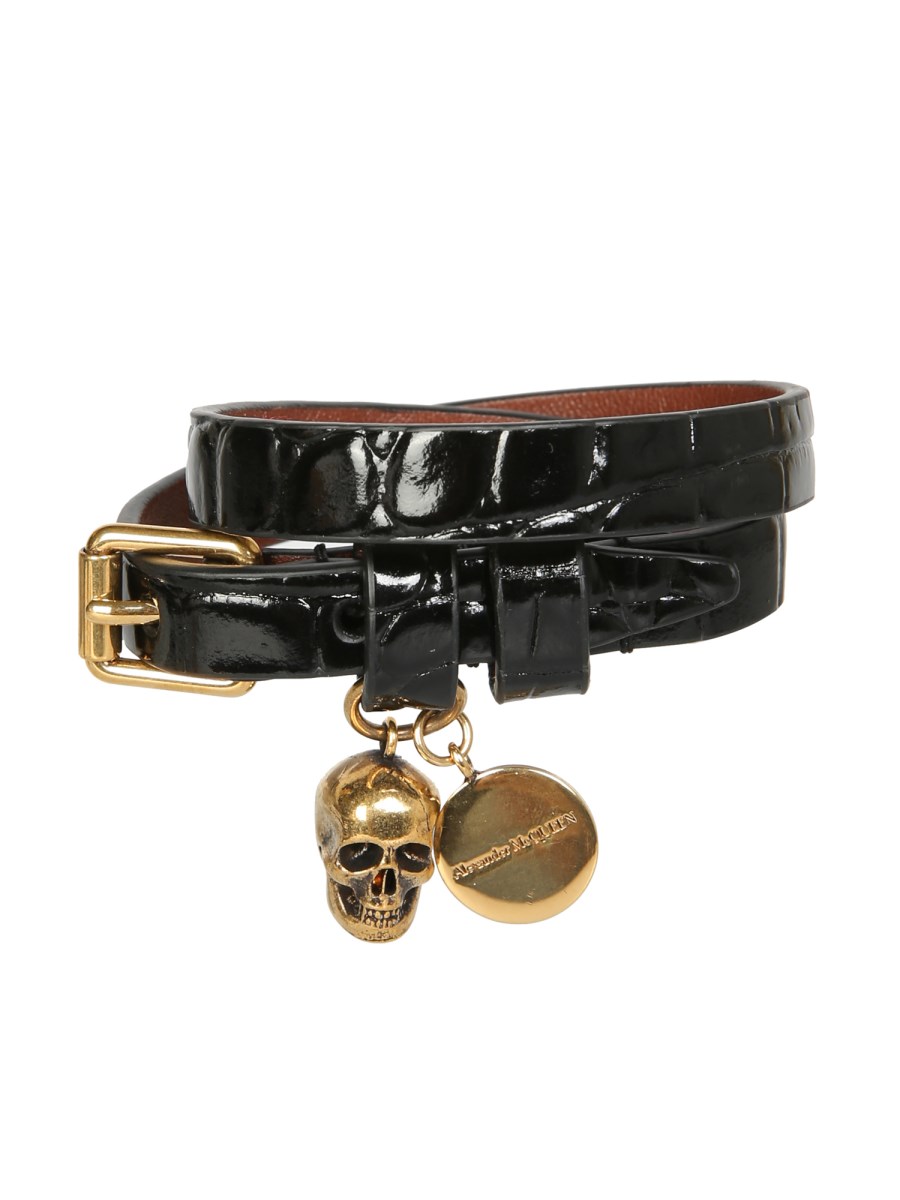 ALEXANDER McQUEEN BRACCIALE A DOPPIO GIRO IN PELLE STAMPA COCCO CON SKULL