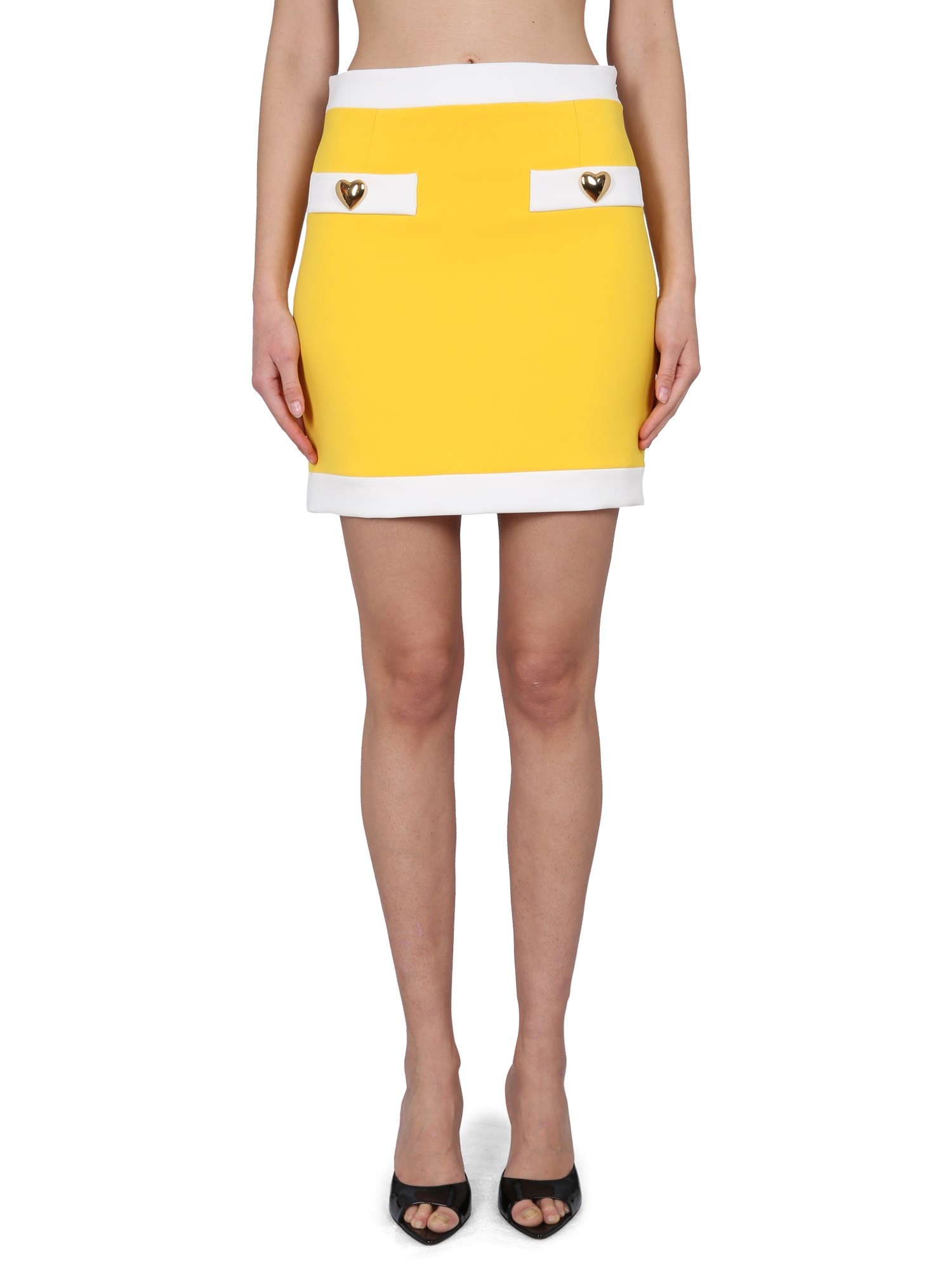Shop Moschino Heart Buttons Crepe Miniskirt In Yellow
