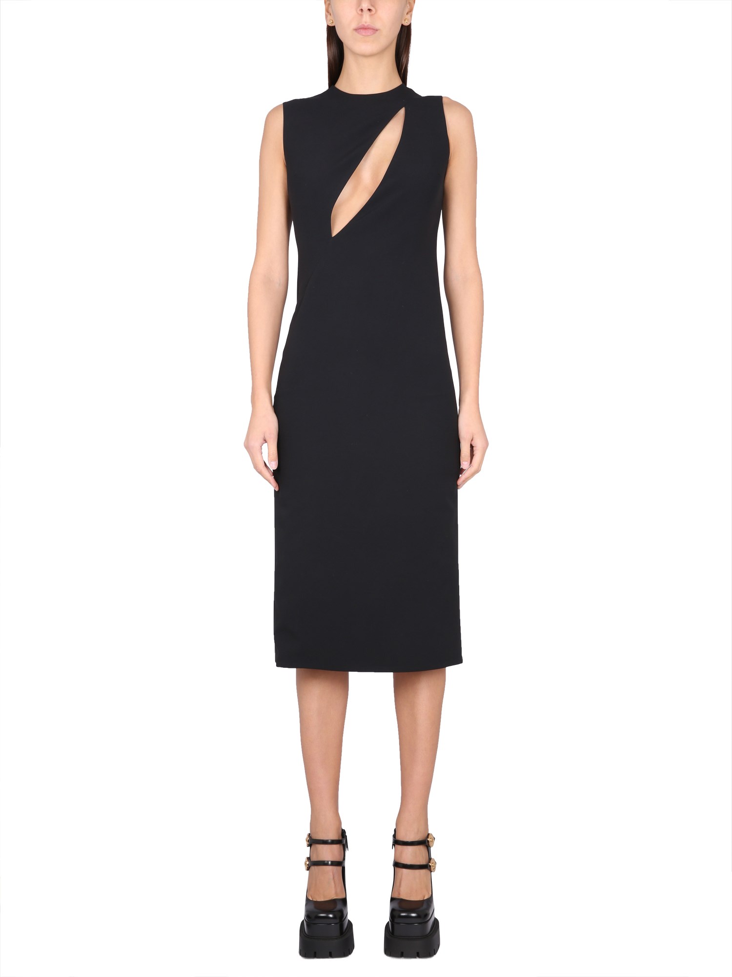 Shop Versace Sleeveless Midi Dress With Cutouts In Black