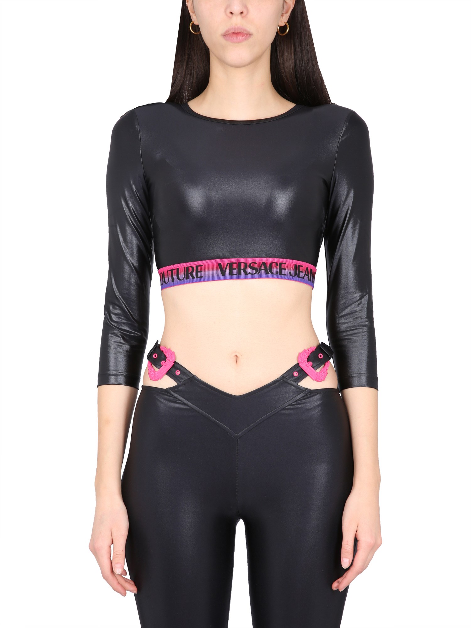 Shop Versace Jeans Couture Short Top With Logo In Black