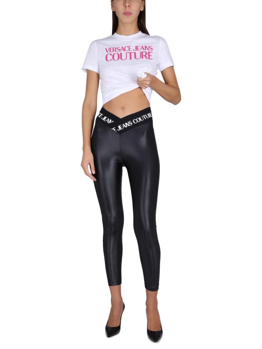 VERSACE JEANS COUTURE - LEGGINGS WITH RUFFLES AND NYLON LOGO PRINT