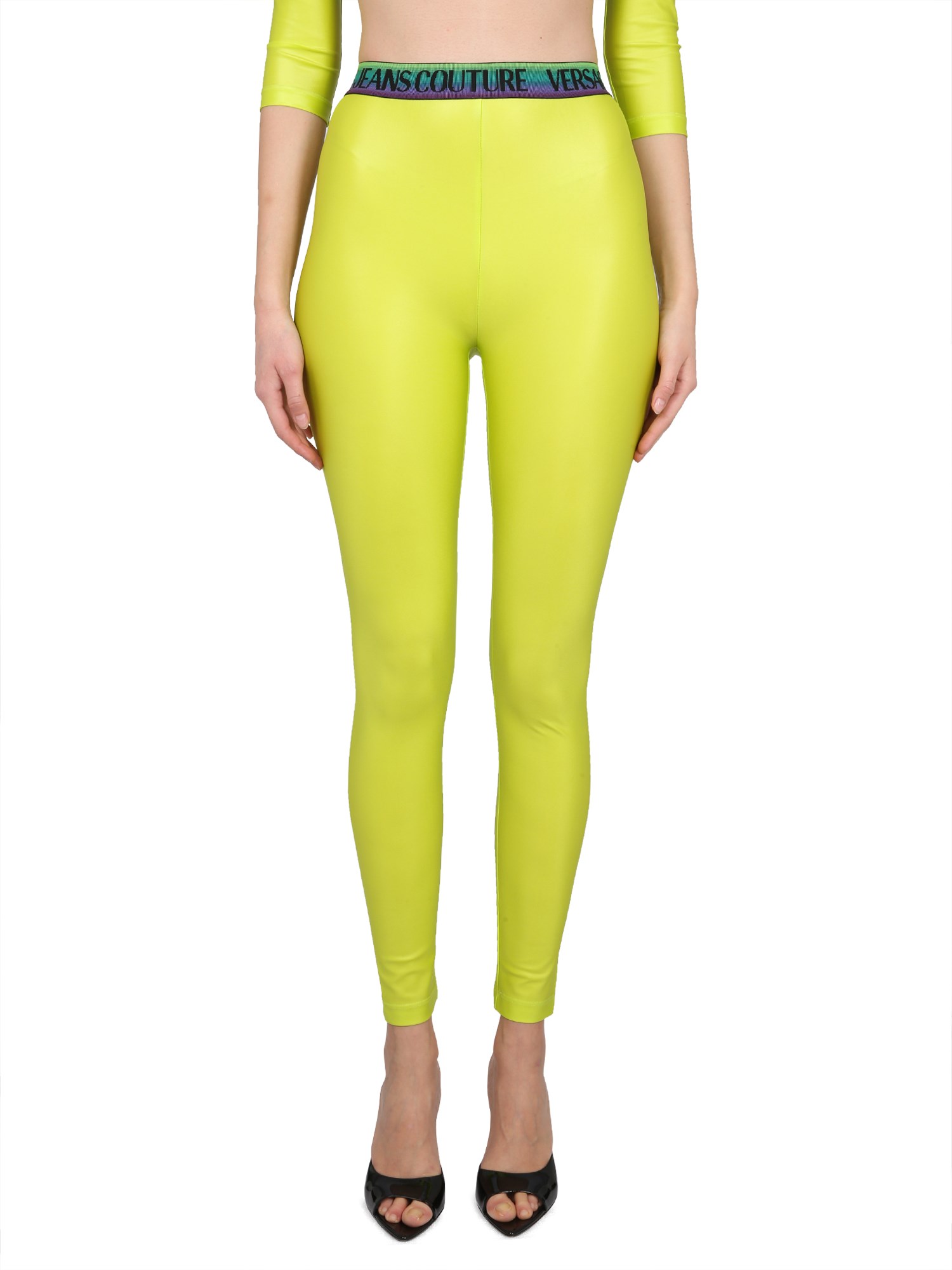 Versace Jeans Couture High-waisted Stretch Leggings Logo In Green