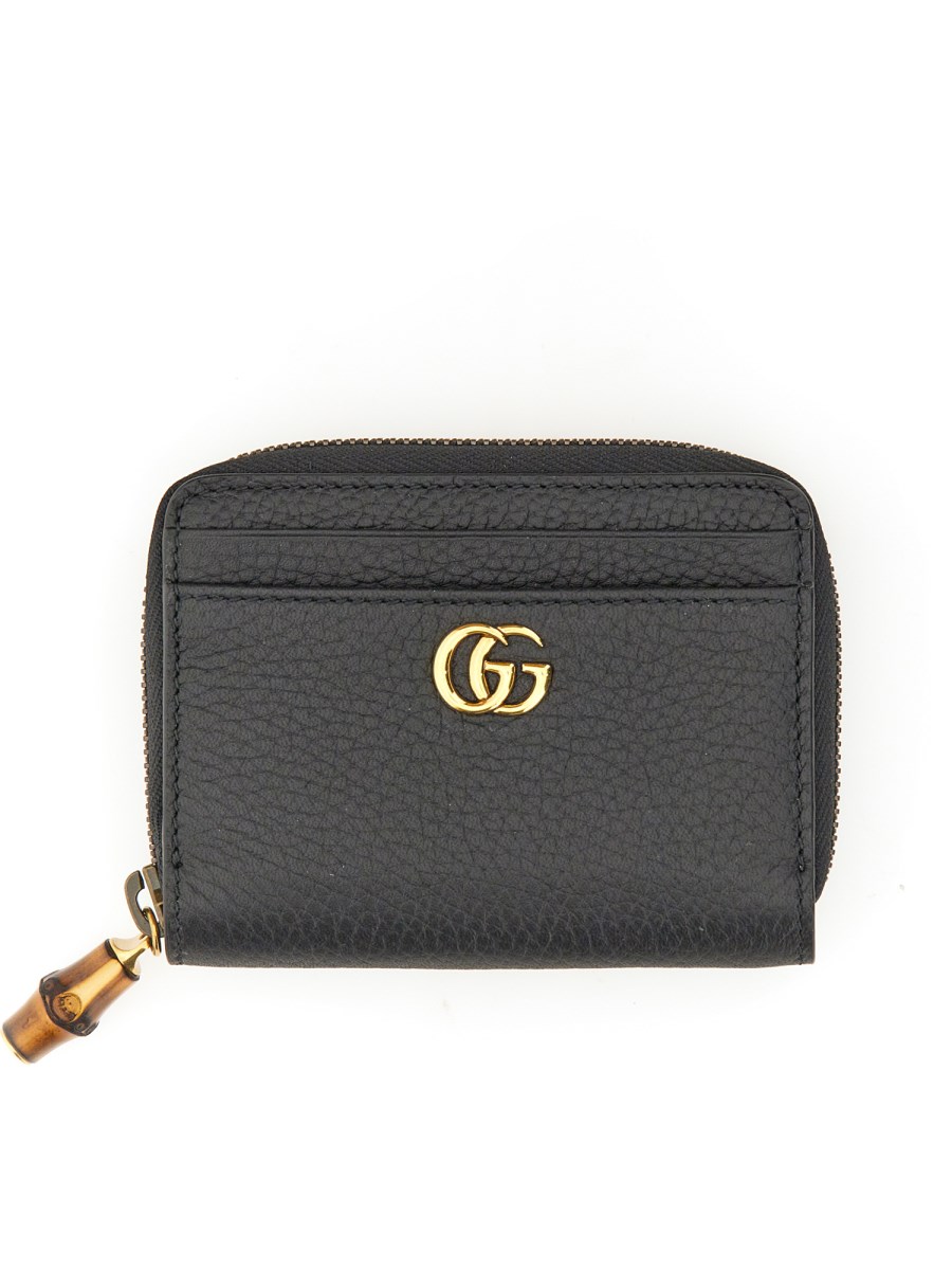 Double G zip card case with bamboo in black leather