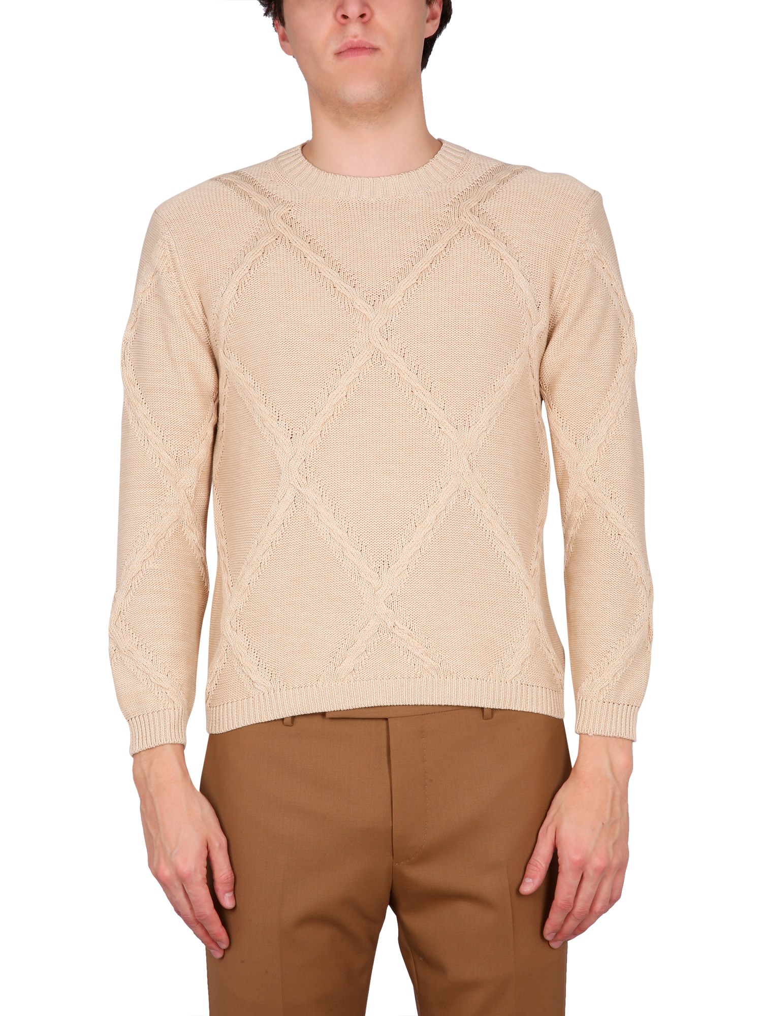 Ballantyne Cotton Cable Stitch Crew Neck Sweater In Beige