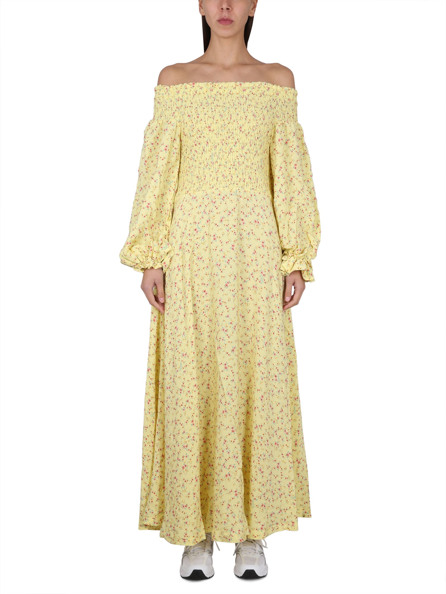 Rotate Birger Christensen Off-the-shoulder Jacquard Maxi Dress In Yellow