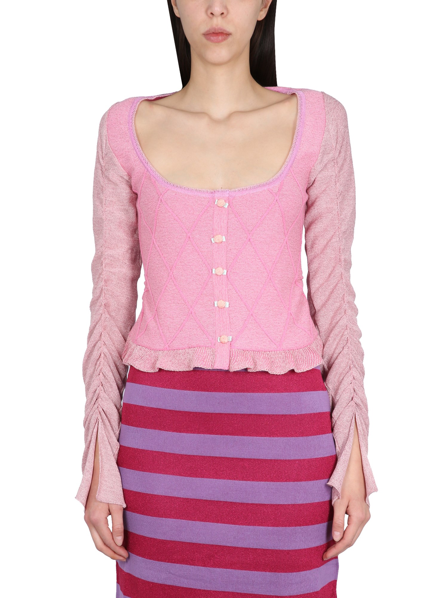 Shop Cormio Cardigan With Ruffled Sleeve In Pink