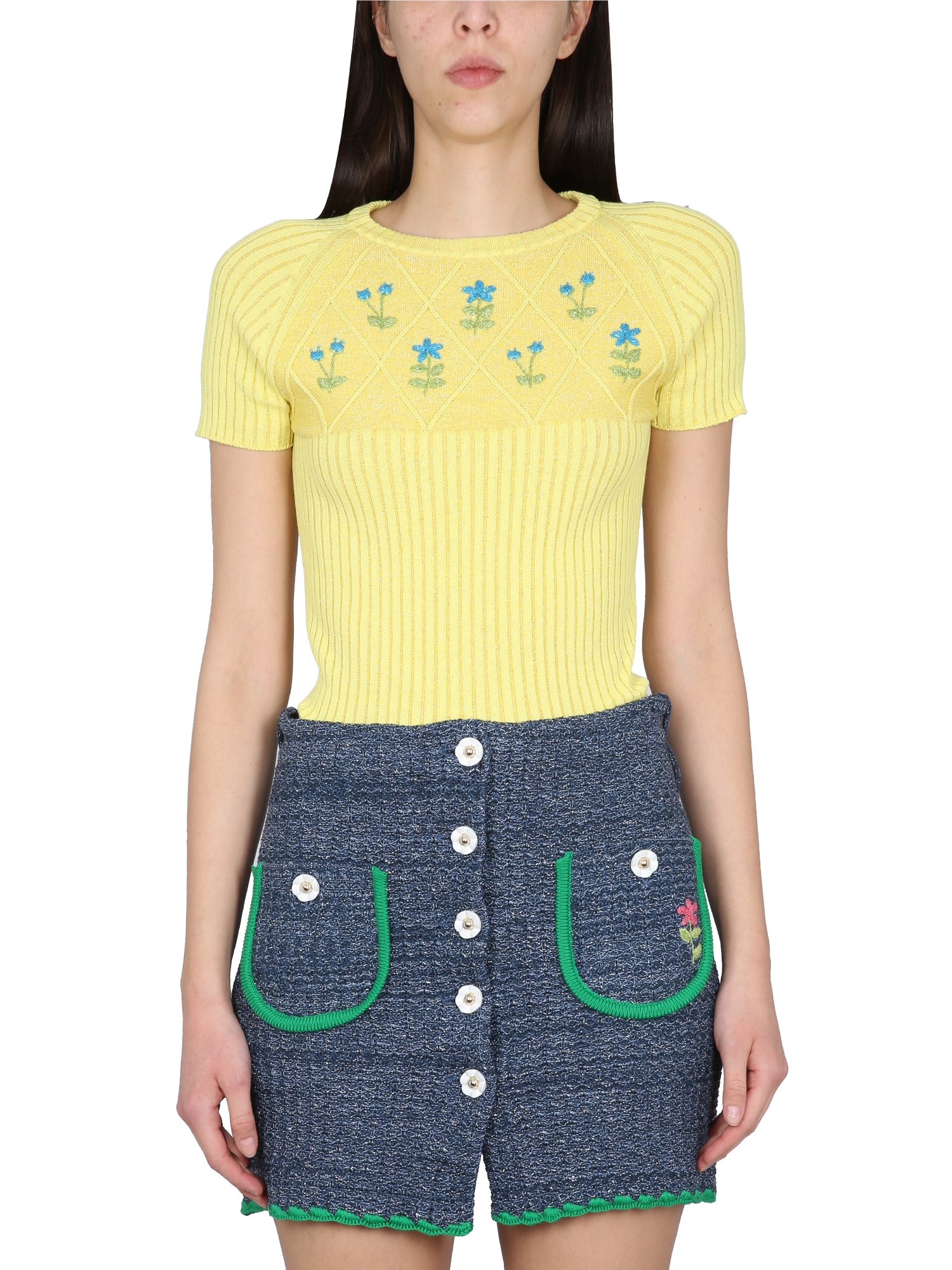 Cormio Diamond Cotton Blend Knit Lurex Sweater In Yellow