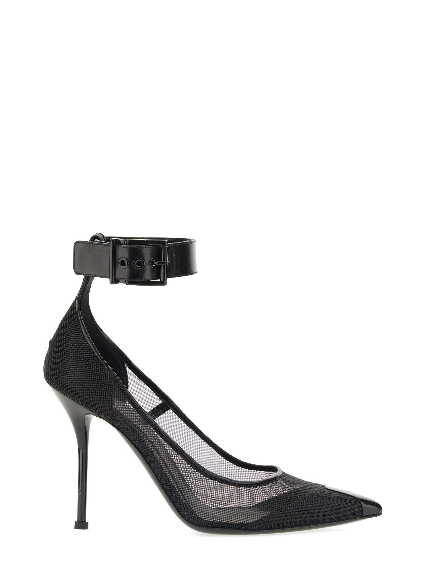 Alexander Mcqueen Mesh Pumps With Ankle Strap 10cm In Black