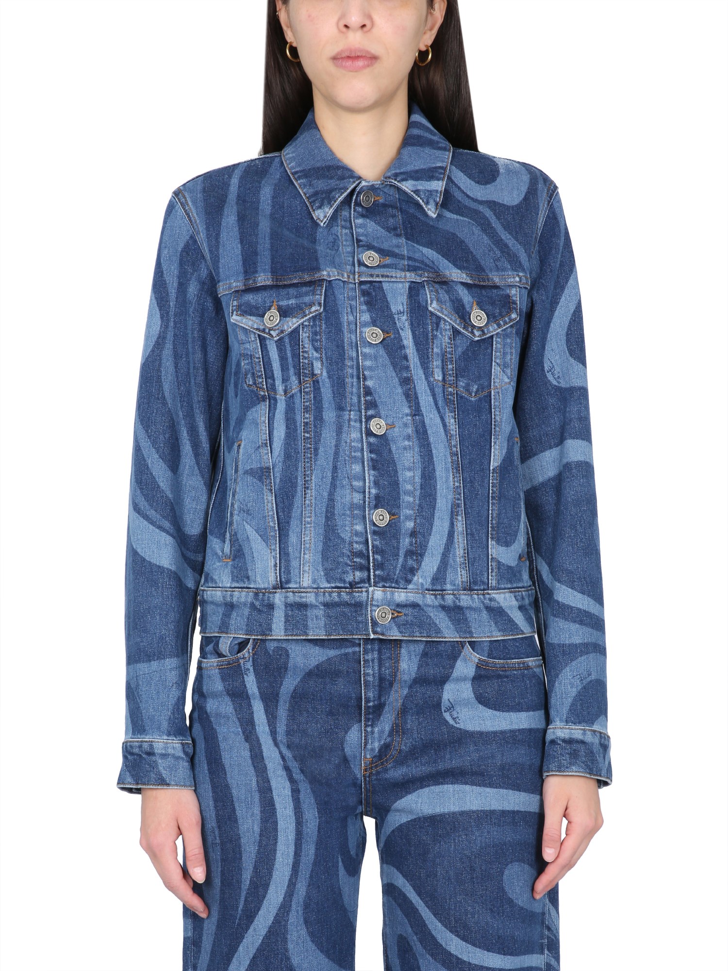 Pucci Swirl-print Denim Jacket In Blue
