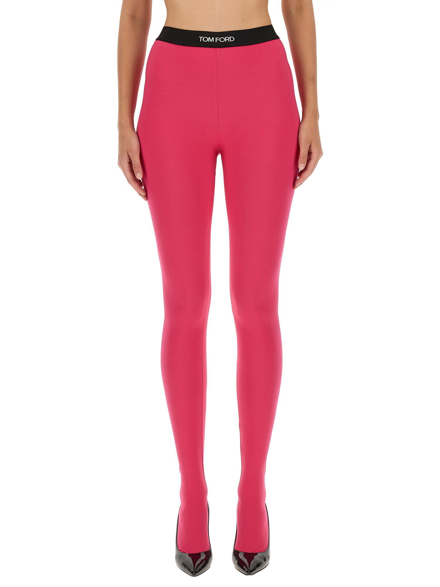 Tom Ford Glossy Jersey Footed Leggings With Logo Band In Fuchsia