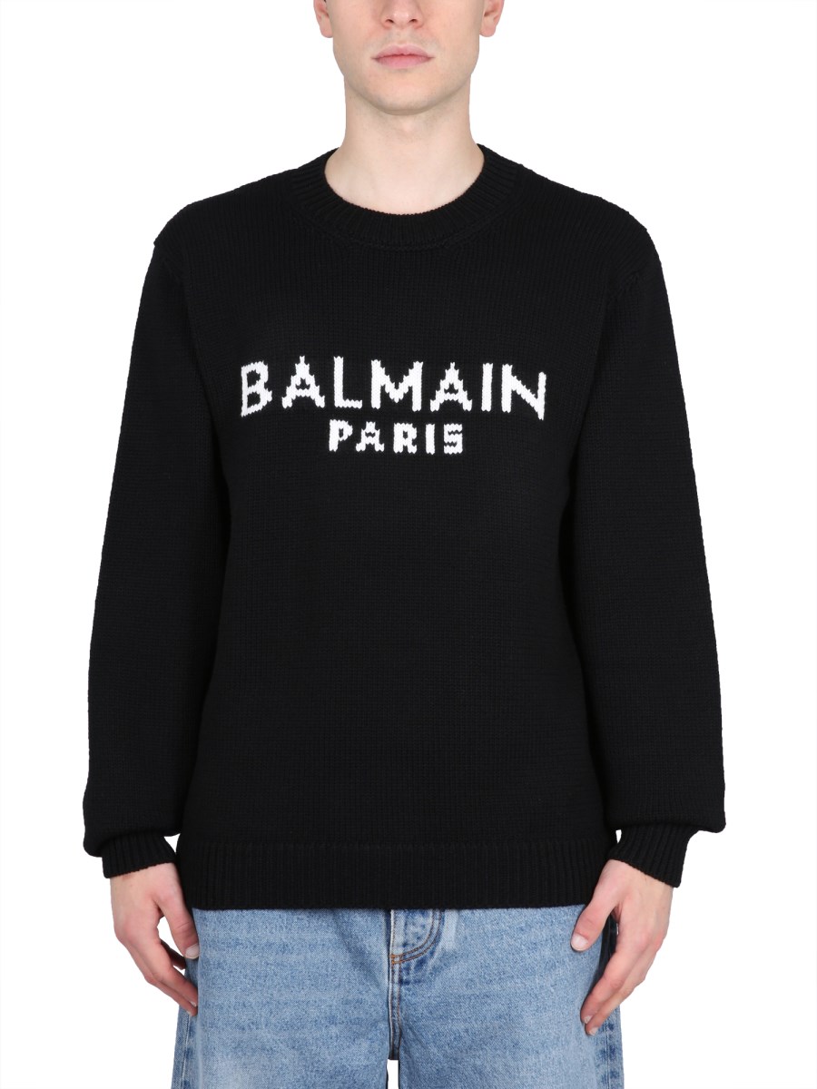 BALMAIN MAGLIA IN COTONE CON INTARSIO LOGO