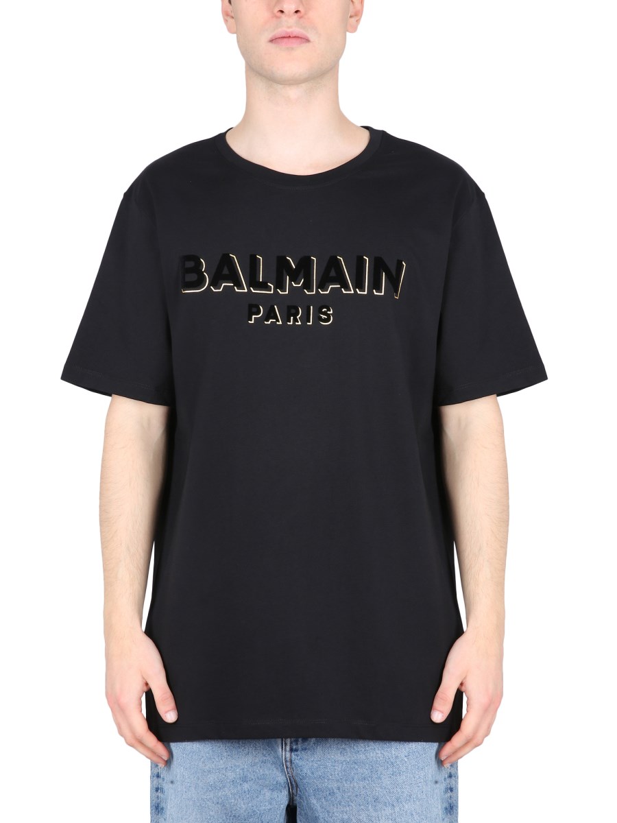 BALMAIN T-SHIRT IN COTONE CON LOGO FLOCCATO E METALLIZZATO