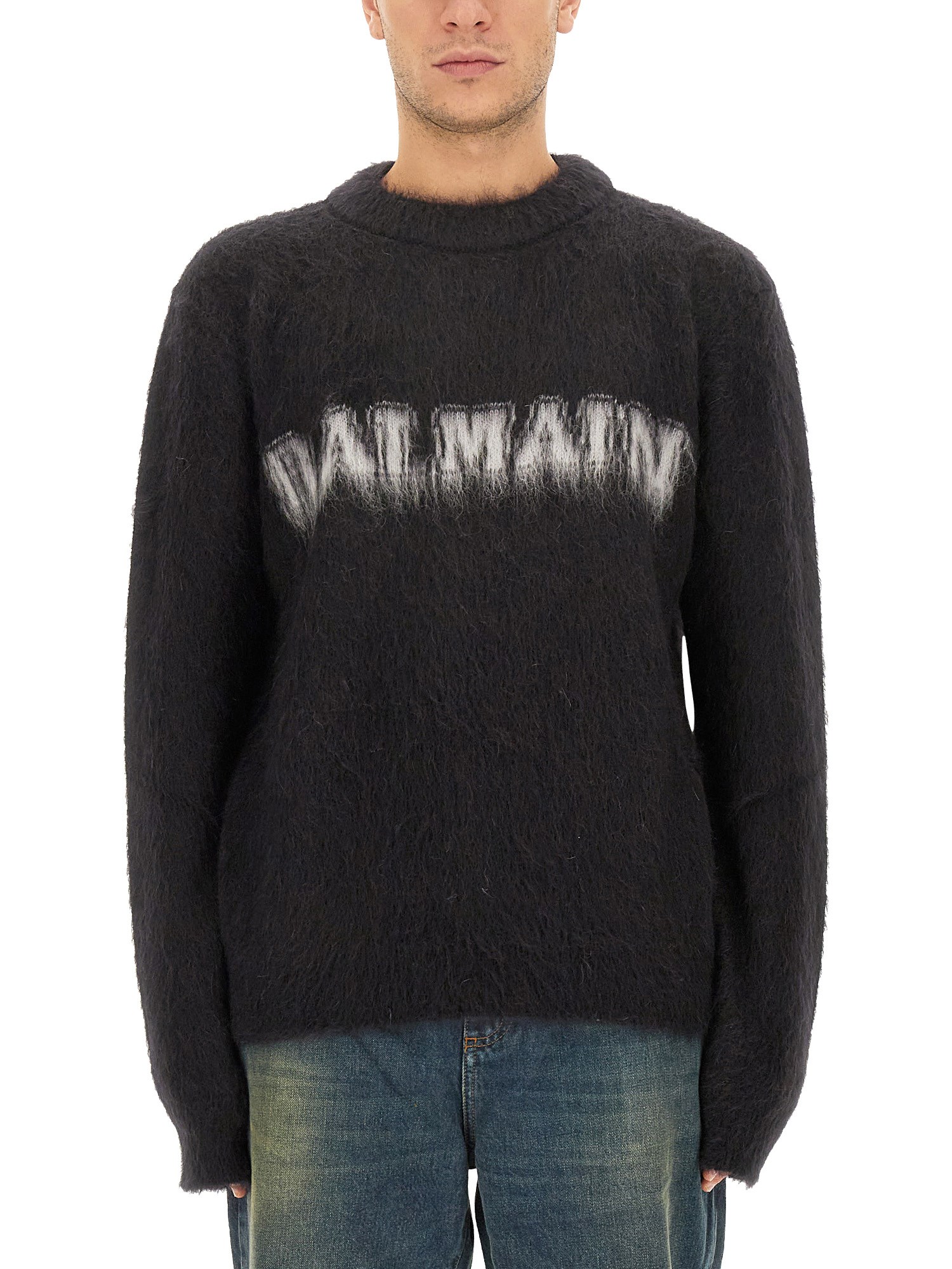 Balmain Black Crewneck Sweater With Maxi Logo Lettering On The Front And Brushed Effect In Wool Blen In Black