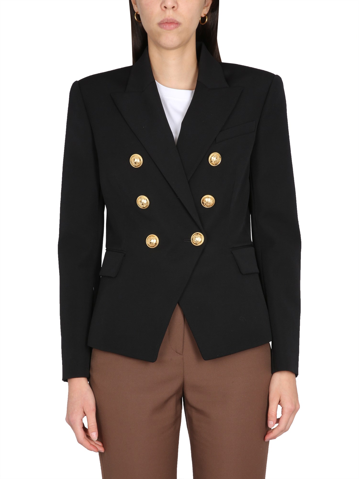 Balmain Black Double-breasted Jacket With Branded Buttons And Asymmetric Cut In Wool Woman In Black