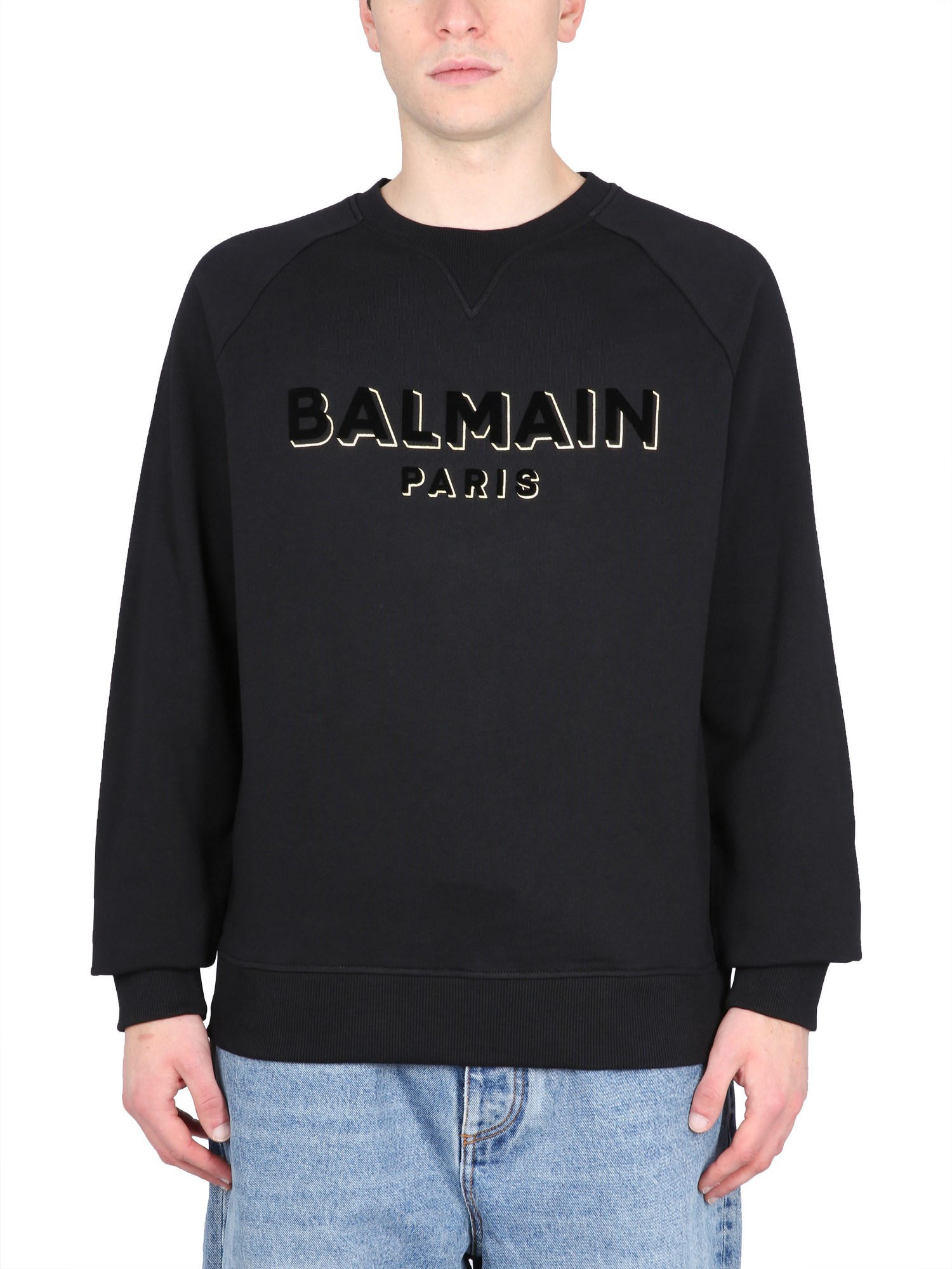 Balmain Flocked Logo Sweatshirt With Metallic Accents In Black