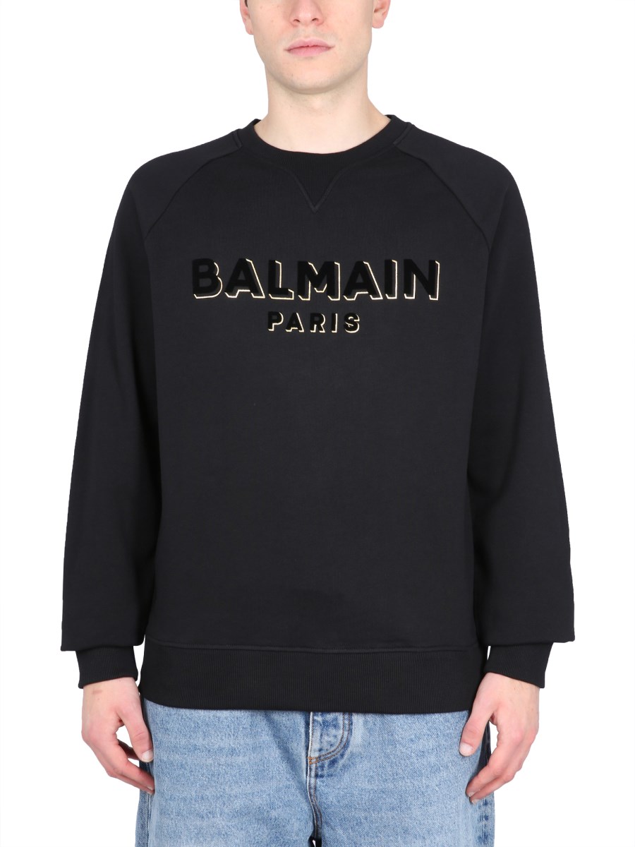 BALMAIN FELPA IN COTONE CON LOGO FLOCCATO E METALLIZZATO