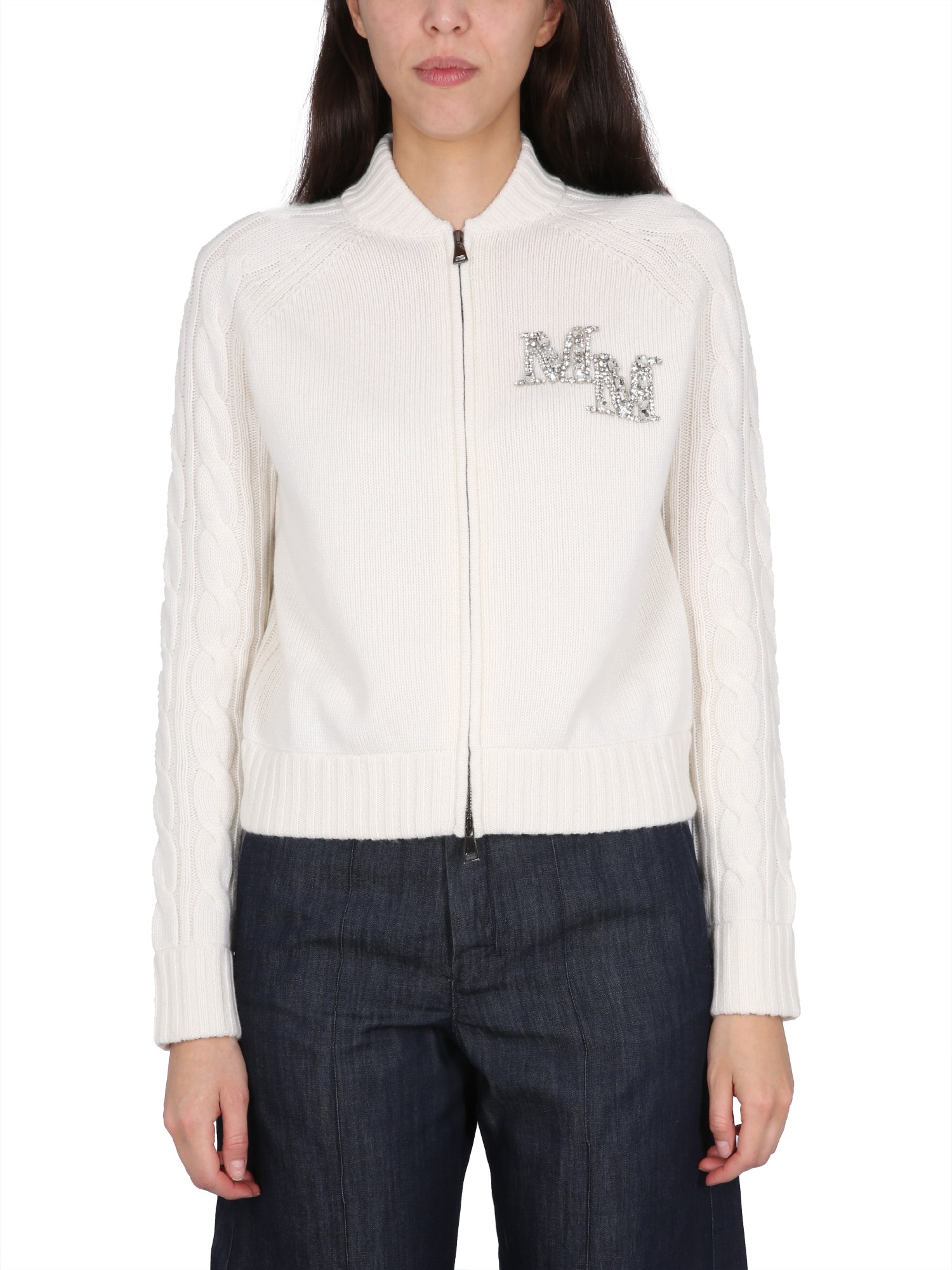 Max Mara Logo Embellished Zipped Bomber Jacket In White