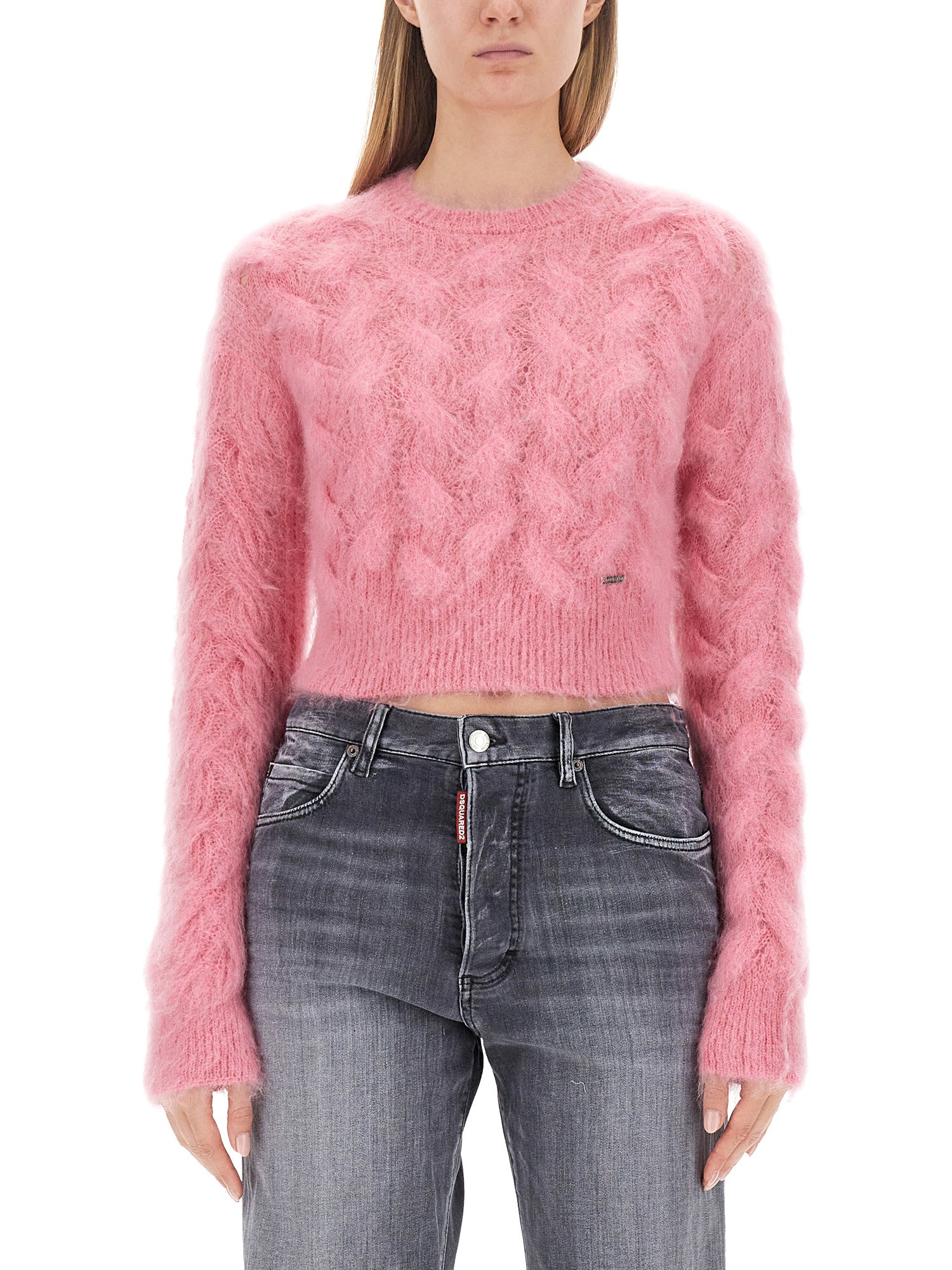 Dsquared2 Textured Cable Knit Cropped Sweater In Pink