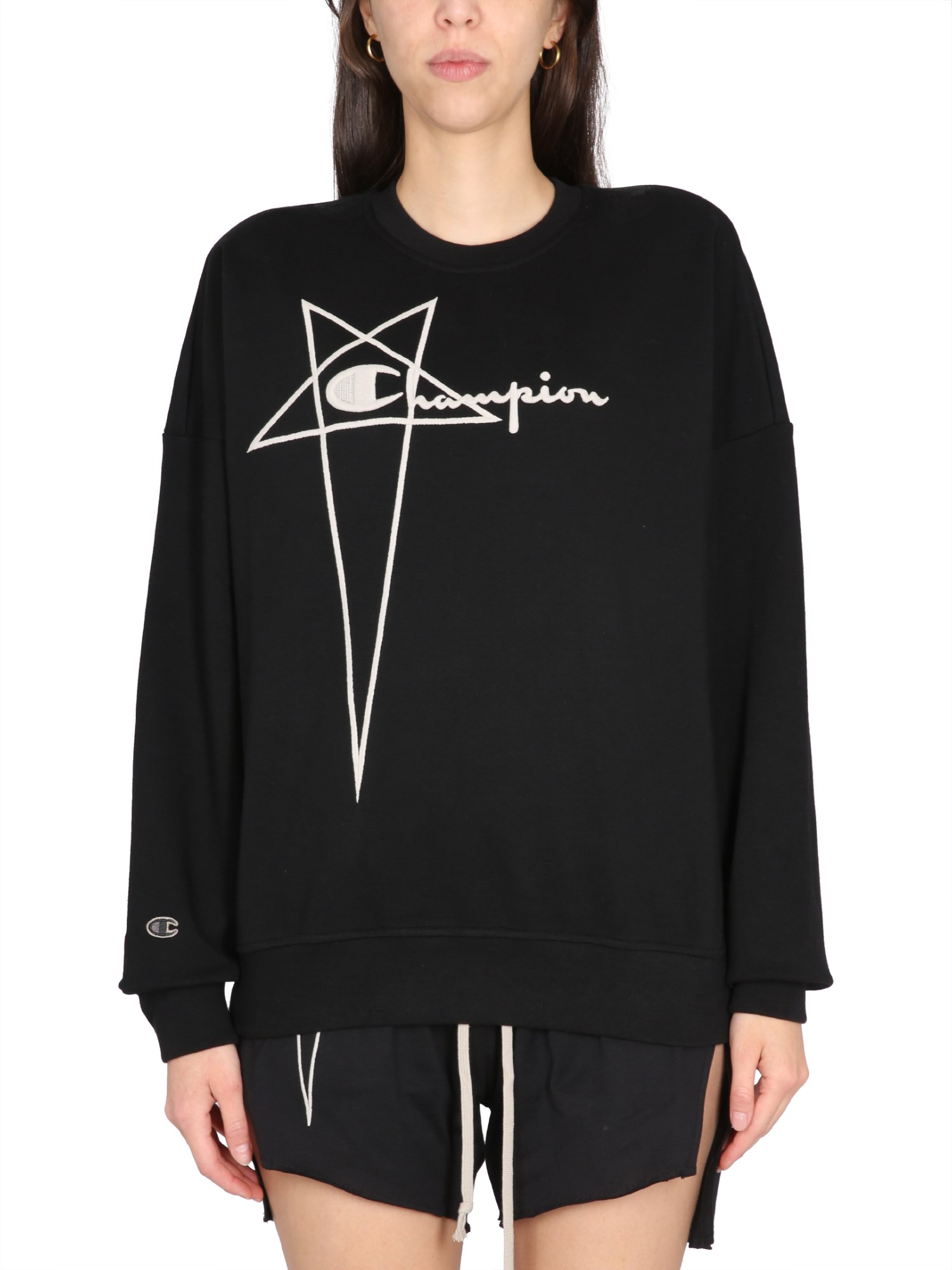 Champion X Rick Owens Oversized Black Sweatshirt With Logo Embossing In Black