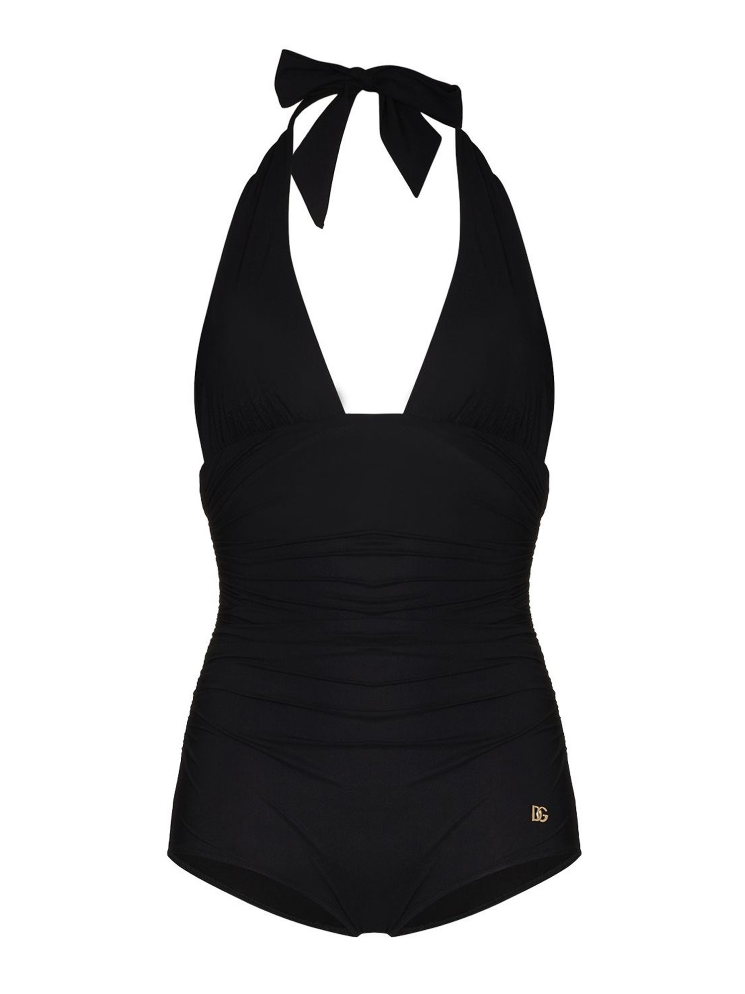 Dolce & Gabbana Black Gathered One-piece Swimsuit With Logo Patch In Stretch Polyamide Woman In Black